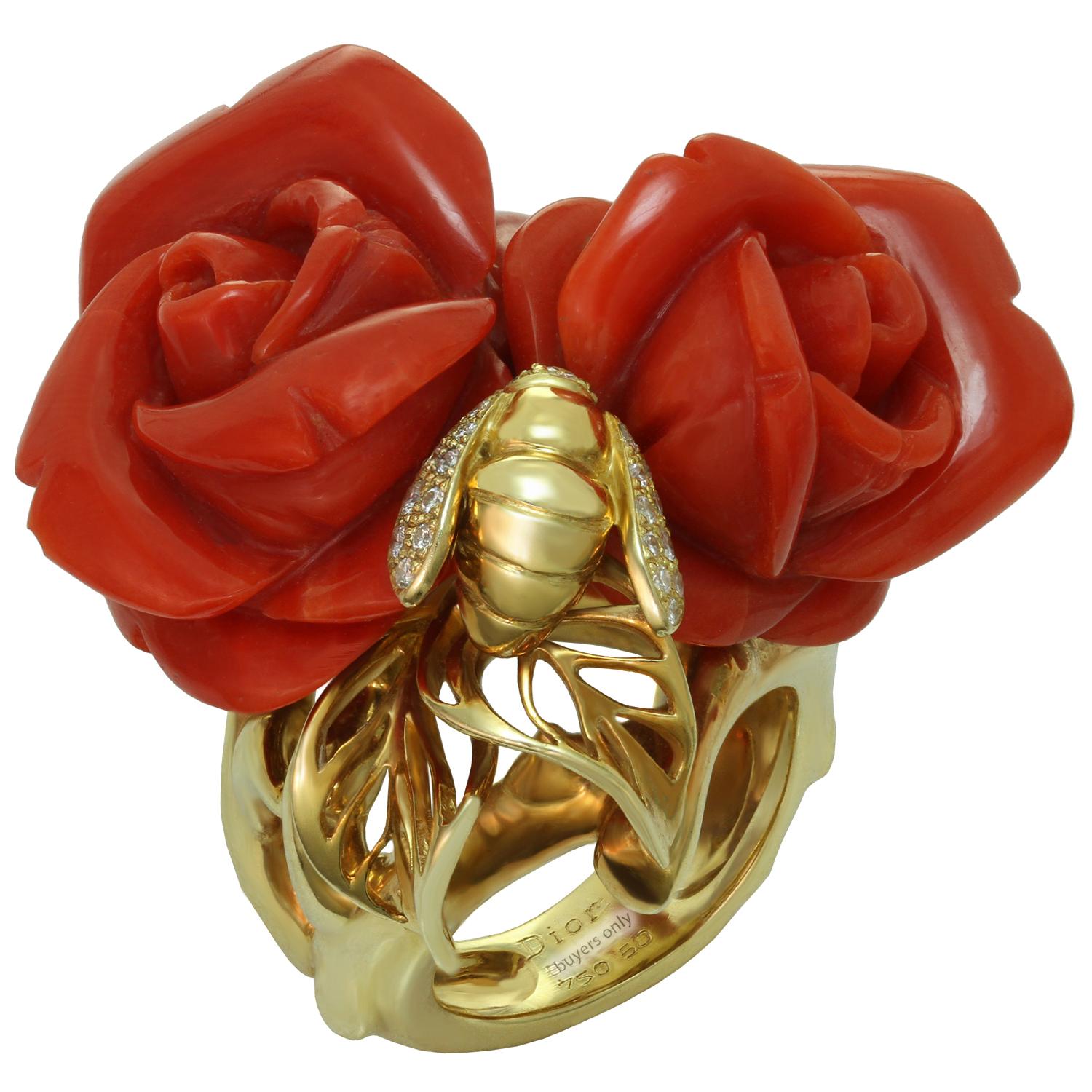 Christian Dior Oxblood Coral Diamond Yellow Rose Bee Gold Ring