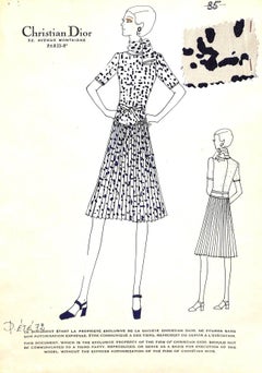 "Christian Dior No 25 Original Fashion Illustration w/ Couture Fabric Swatch"
