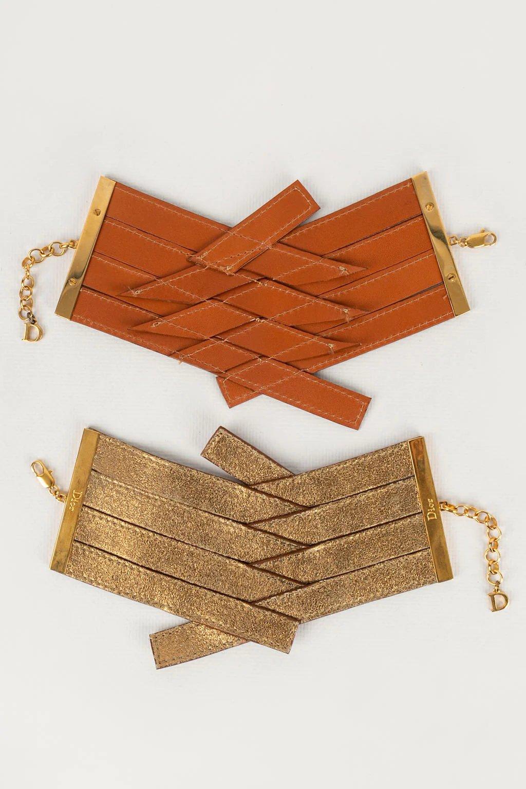 Christian Dior Pair of Bracelets with Four Crossed Golden Leather Bands In Excellent Condition For Sale In SAINT-OUEN-SUR-SEINE, FR