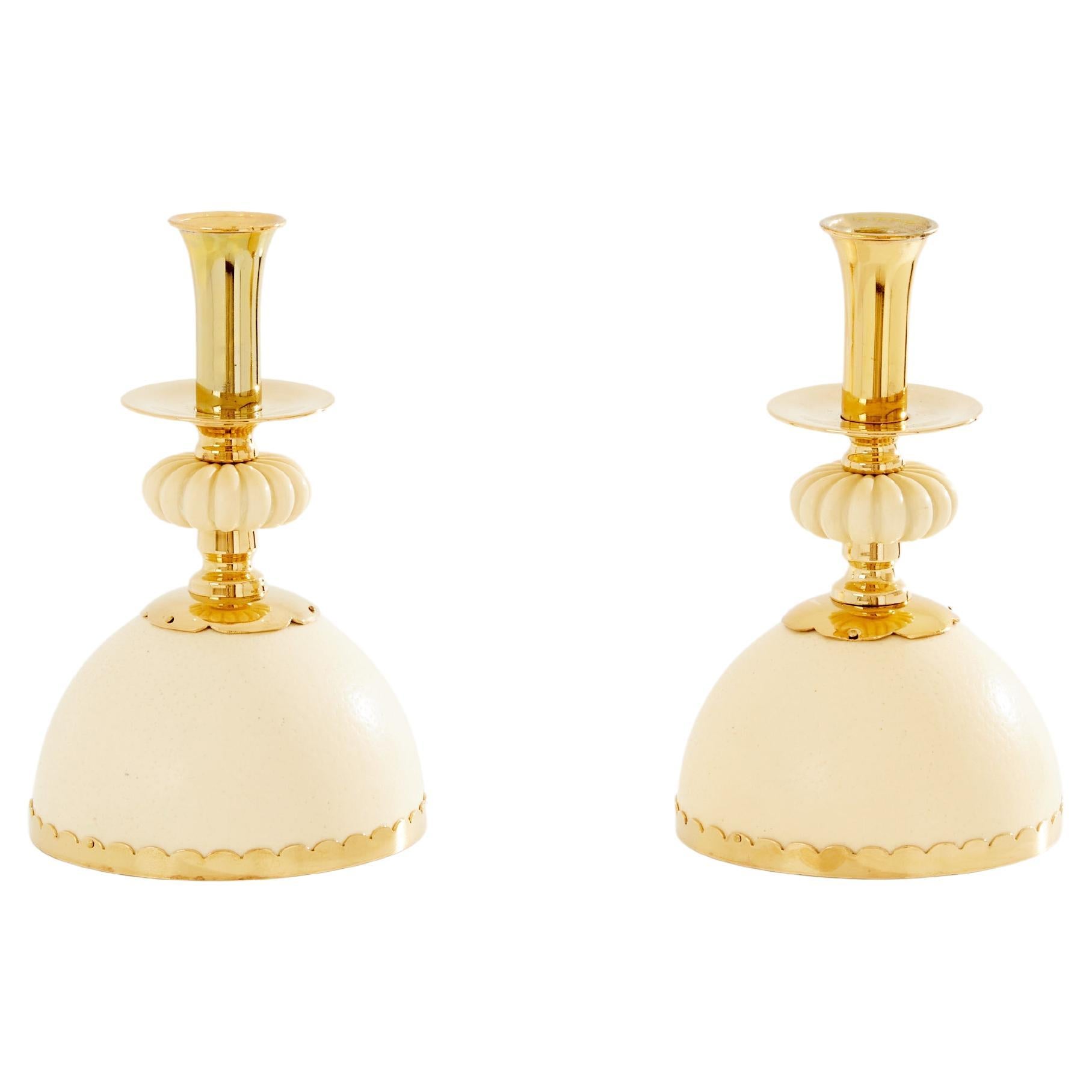 Christian Dior pair of ostrich eggs candle holders brass 1970s