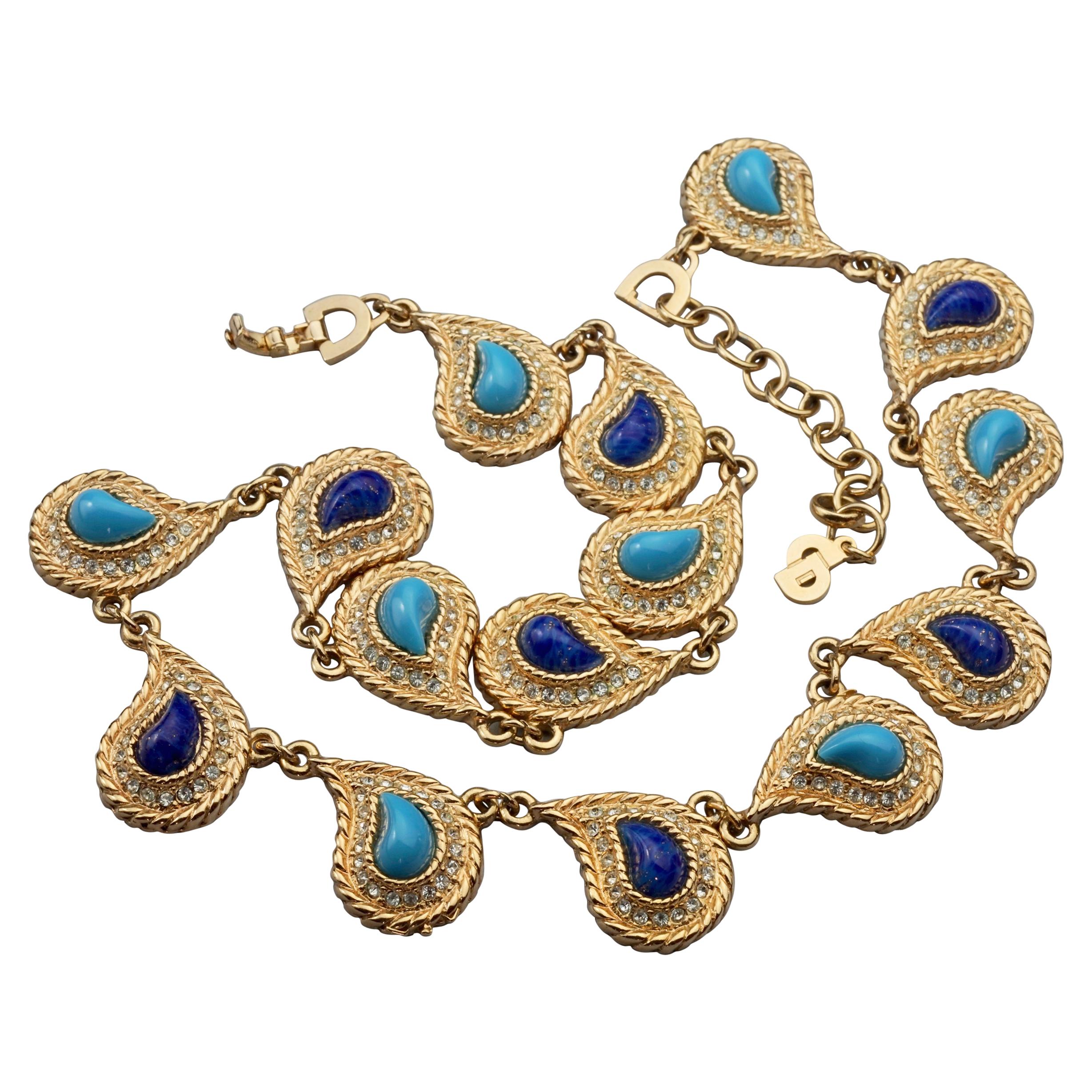 CHRISTIAN DIOR Paisley Turquoise Lapis Lazuli Cabochon Rhinestone Necklace For Sale