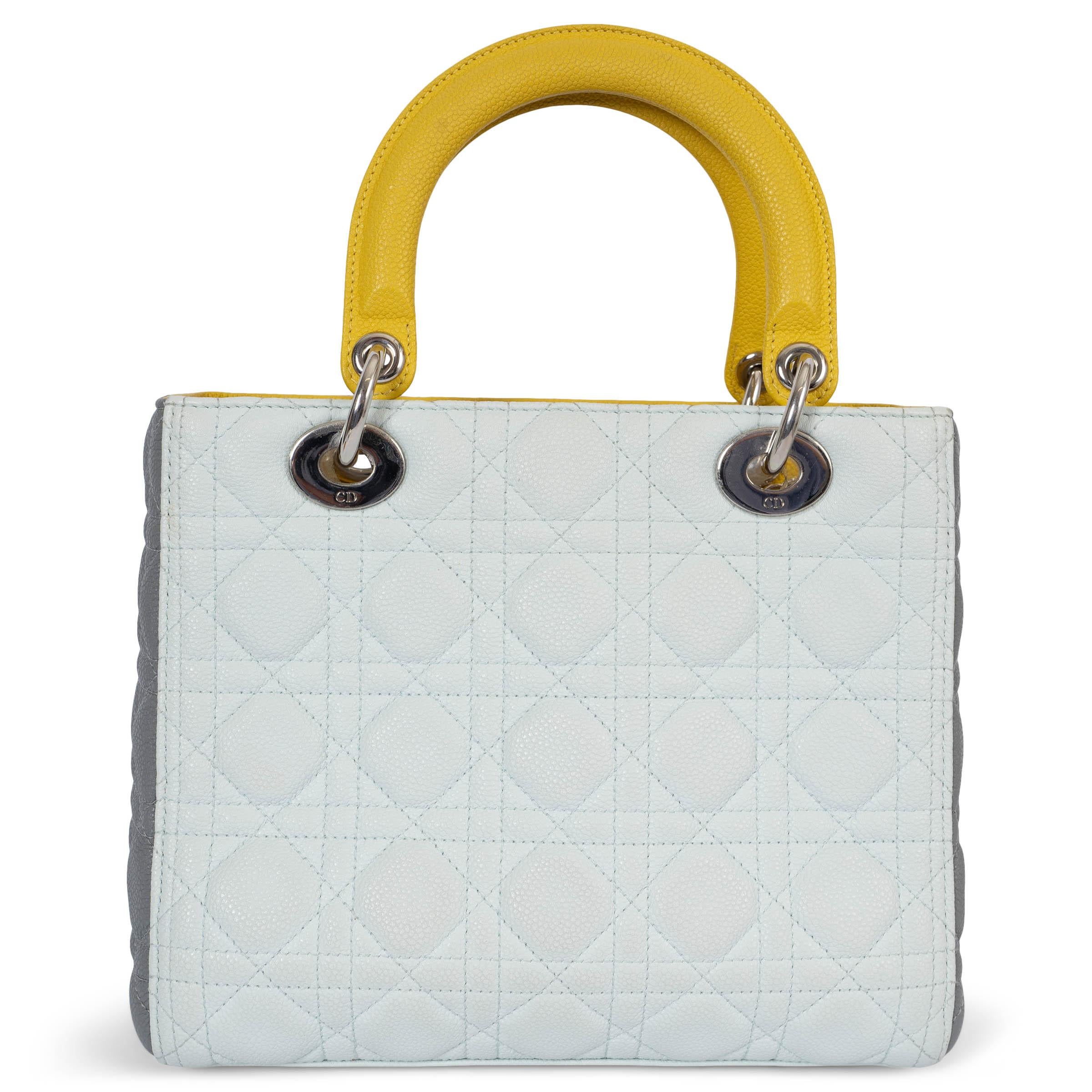 Gray CHRISTIAN DIOR pale blue yellow grey 2015 TRI COLOR LADY DIOR MEDIUM Bag For Sale