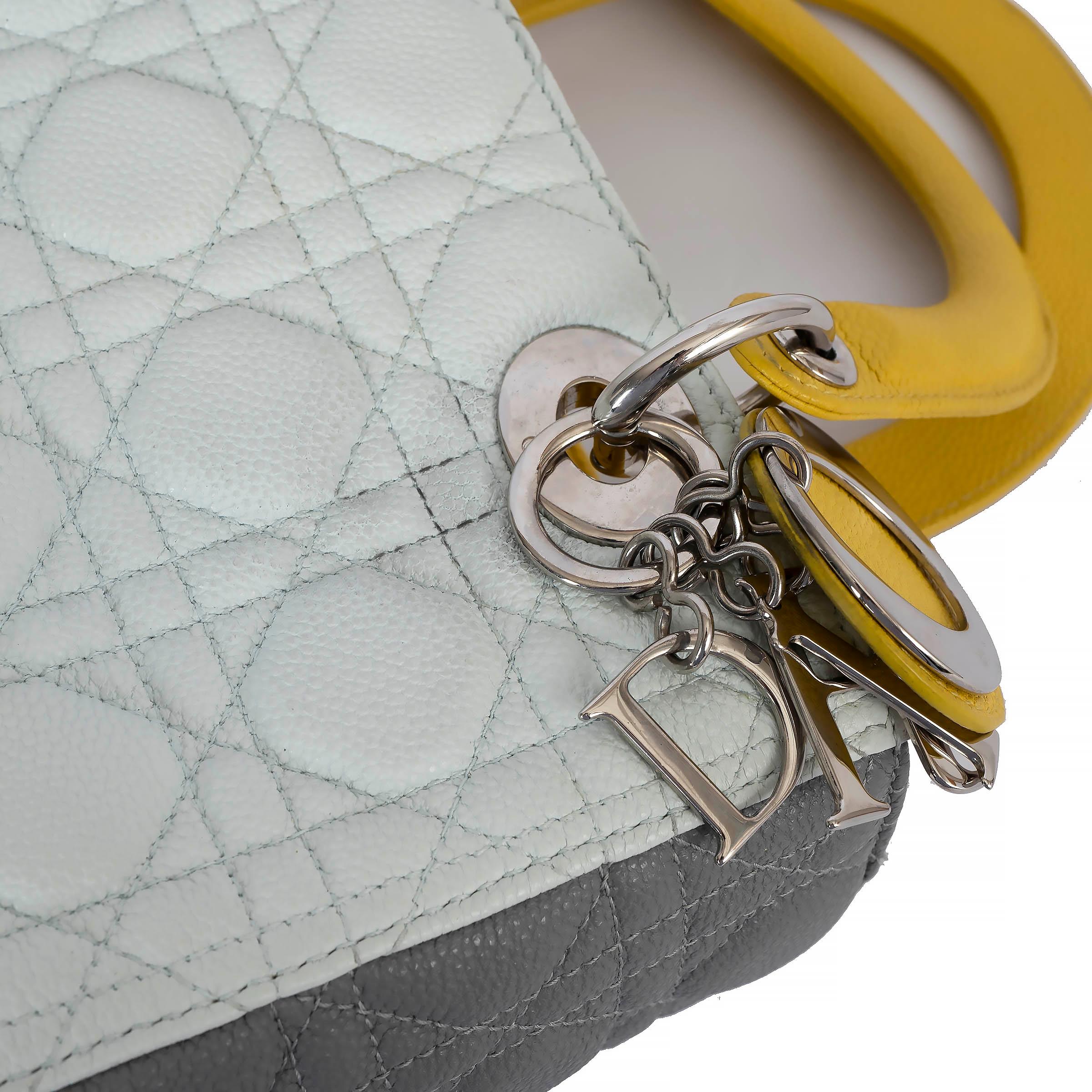 CHRISTIAN DIOR pale blue yellow grey 2015 TRI COLOR LADY DIOR MEDIUM Bag For Sale 5