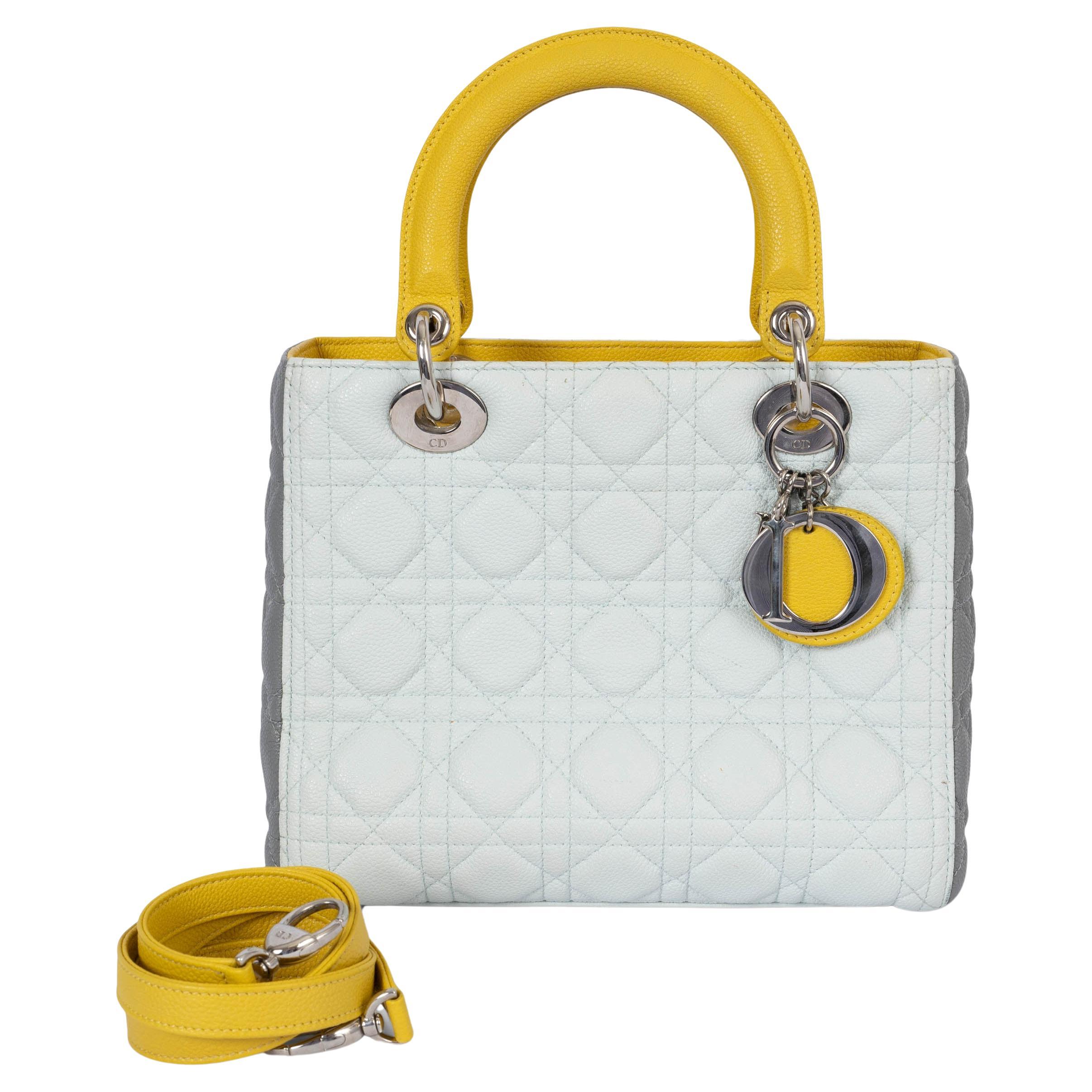 CHRISTIAN DIOR pale blue yellow grey 2015 TRI COLOR LADY DIOR MEDIUM Bag