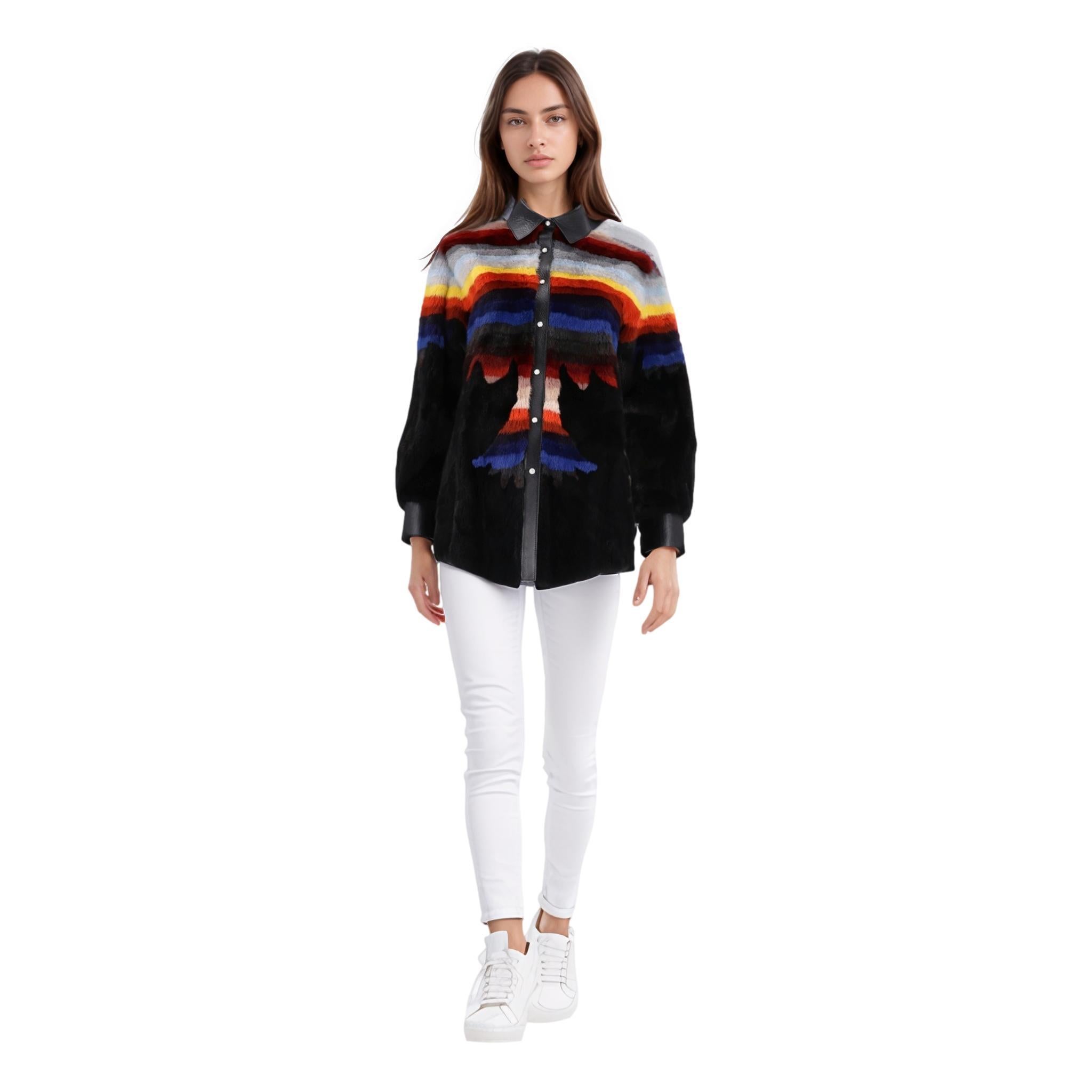 Rare Item - Christian Dior Palm Tree Mink Fur Shirt/Jacket

Black sheared mink fur with a Palm tree design the the front and multicoloured stripe pattern that wraps around the top and sleeves

Detailed with lambskin leather collar, cuffs and centre