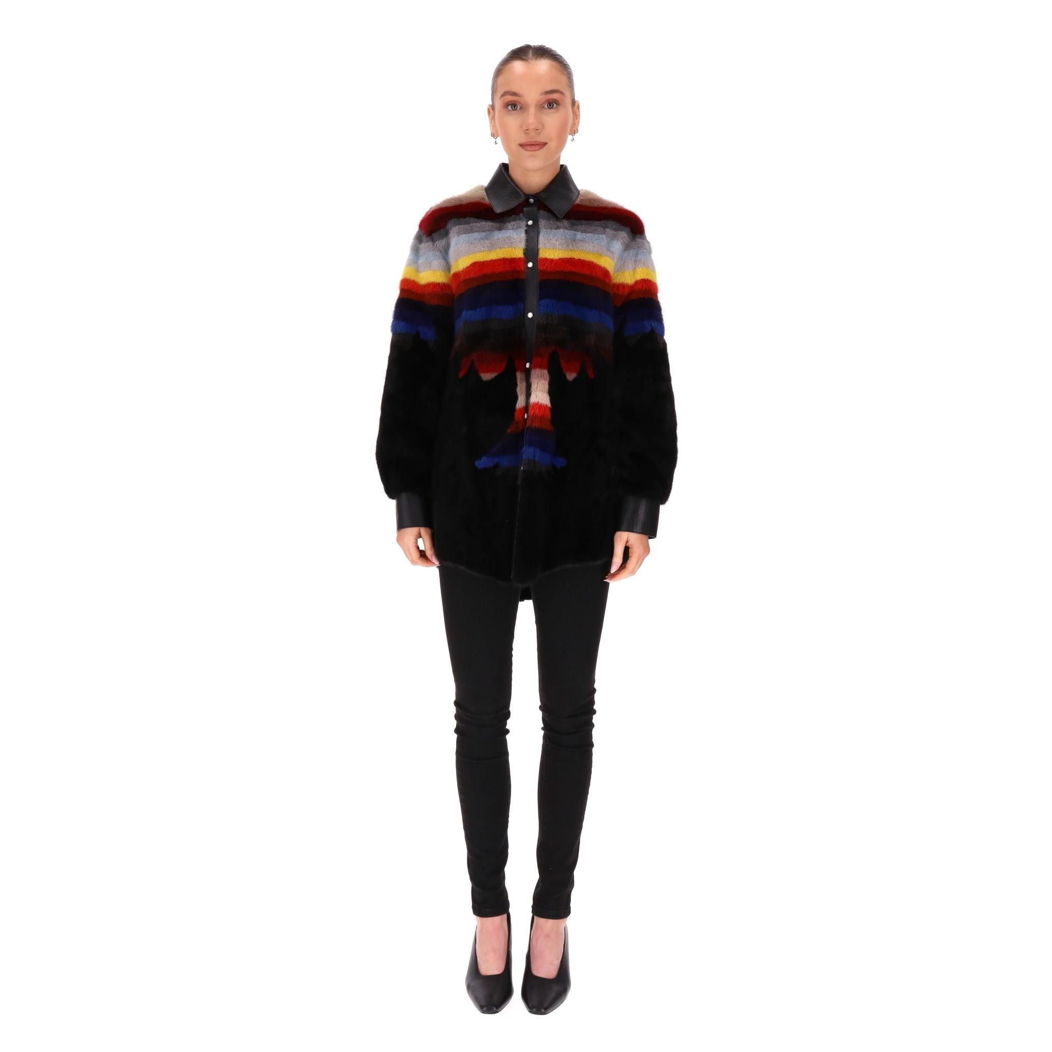 Rare Item - Christian Dior Palm Tree Mink Fur Shirt/Jacket

Black sheared mink fur with a Palm tree design the the front and multicoloured stripe pattern that wraps around the top and sleeves

Detailed with lambskin leather collar, cuffs and centre