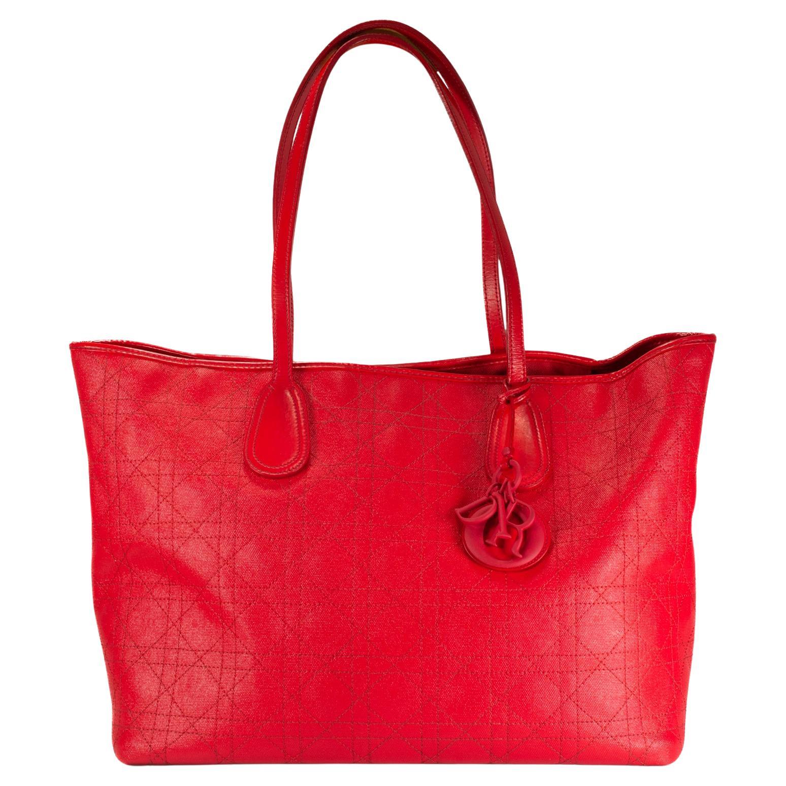 Christian Dior Panarea Medium Red Cannage Quilted Nylon Tote Handbag