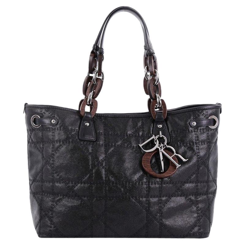 Christian Dior Panarea Wood Link Tote Cannage Quilt Canvas Medium