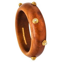 Vintage Christian Dior Paris 1960 Rare Bangle in Wood and 18Kt Yellow Gold with Diamonds