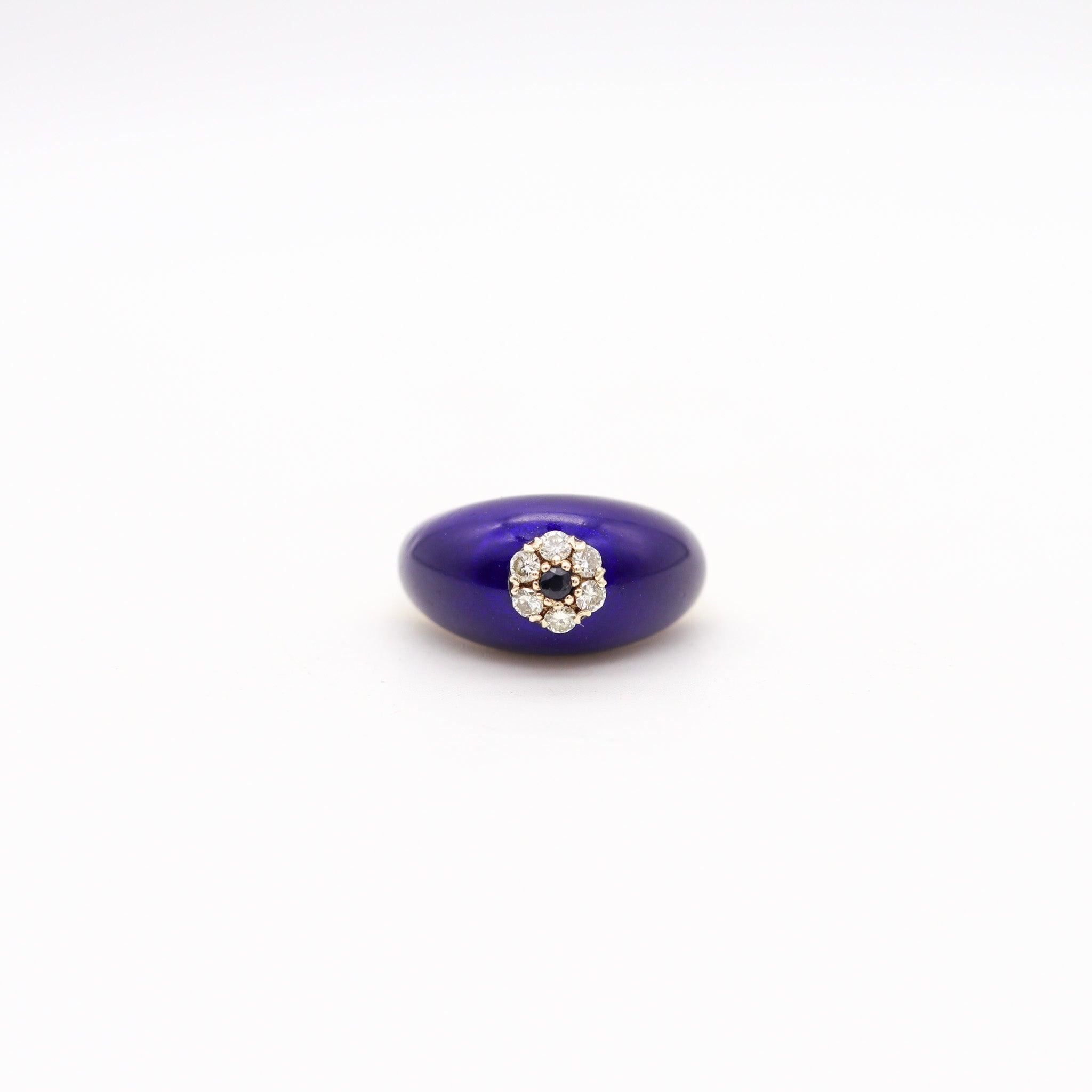 Modern CHRISTIAN DIOR Paris 1970 Blue Enameled Dome Ring In White Gold With Diamonds For Sale