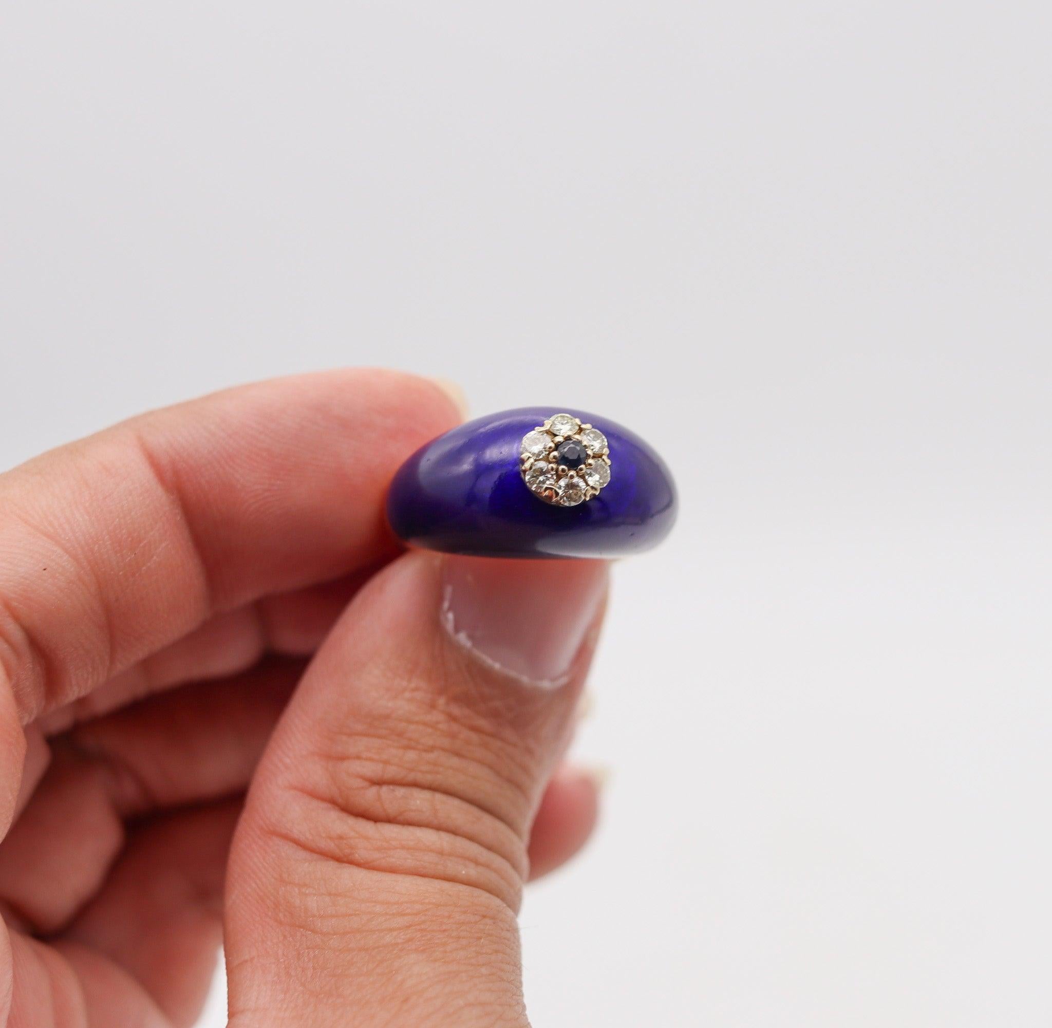 CHRISTIAN DIOR Paris 1970 Blue Enameled Dome Ring In White Gold With Diamonds In Excellent Condition For Sale In Miami, FL