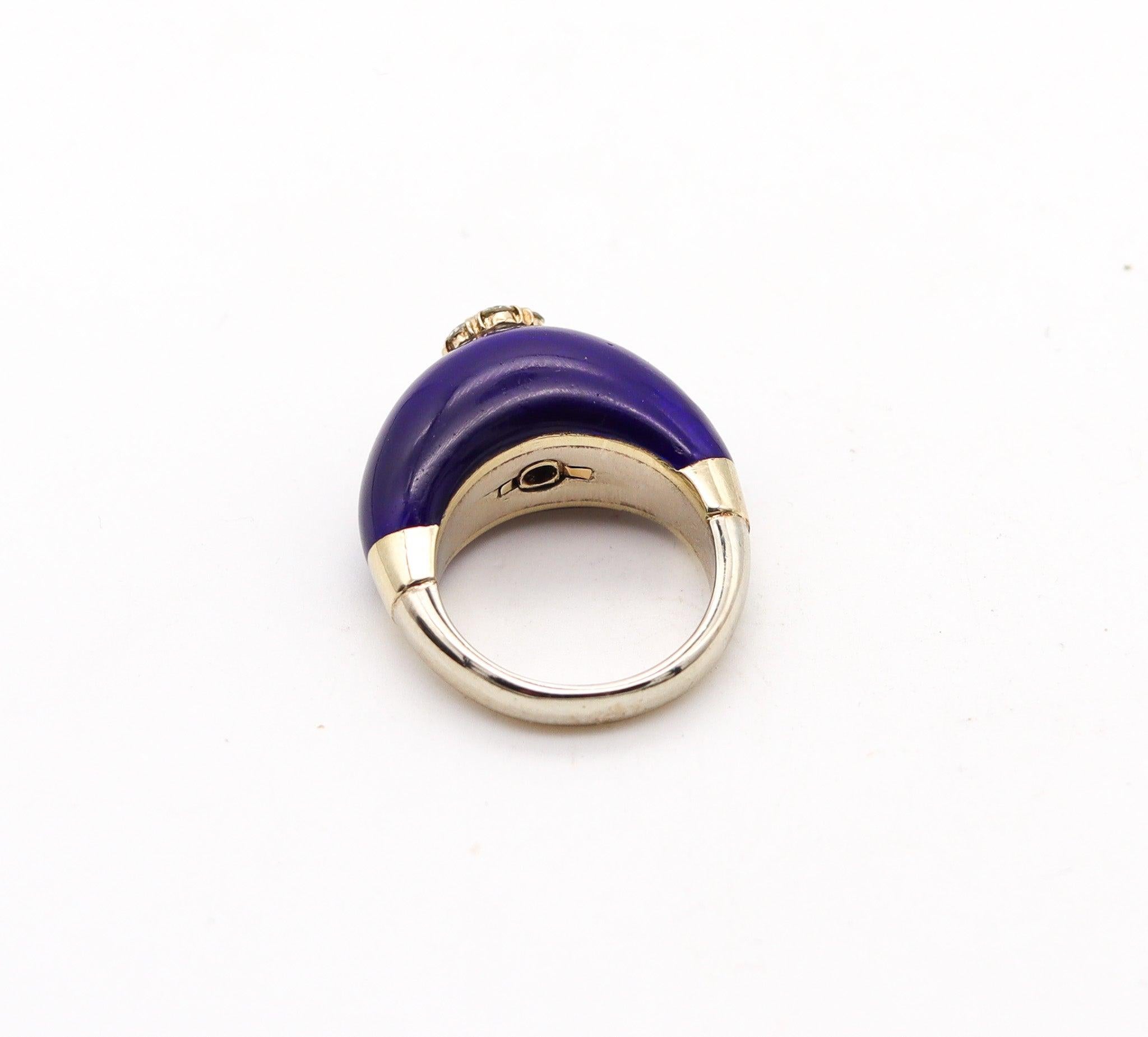 CHRISTIAN DIOR Paris 1970 Blue Enameled Dome Ring In White Gold With Diamonds For Sale 1