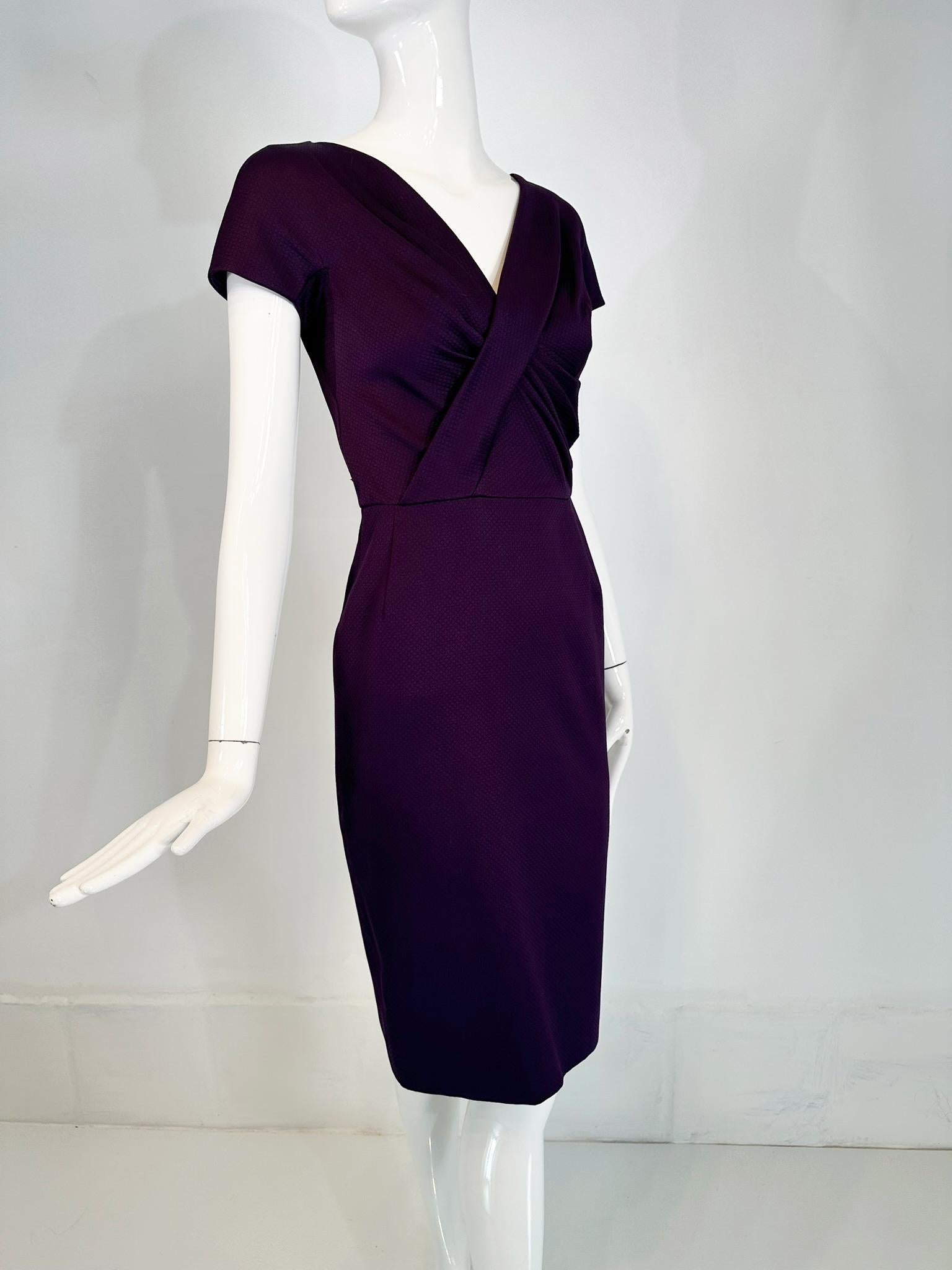 Christian Dior Paris Aubergine V neck Pleat Draped Bodice Sheath Silk Dress  For Sale 11