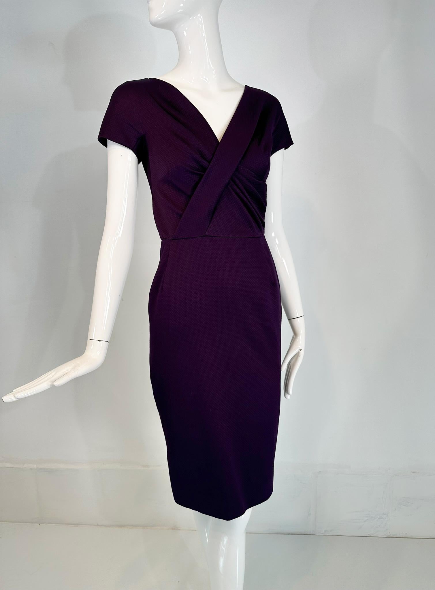Christian Dior Paris Aubergine V neck Pleat Draped Bodice Sheath Silk Dress  For Sale 12
