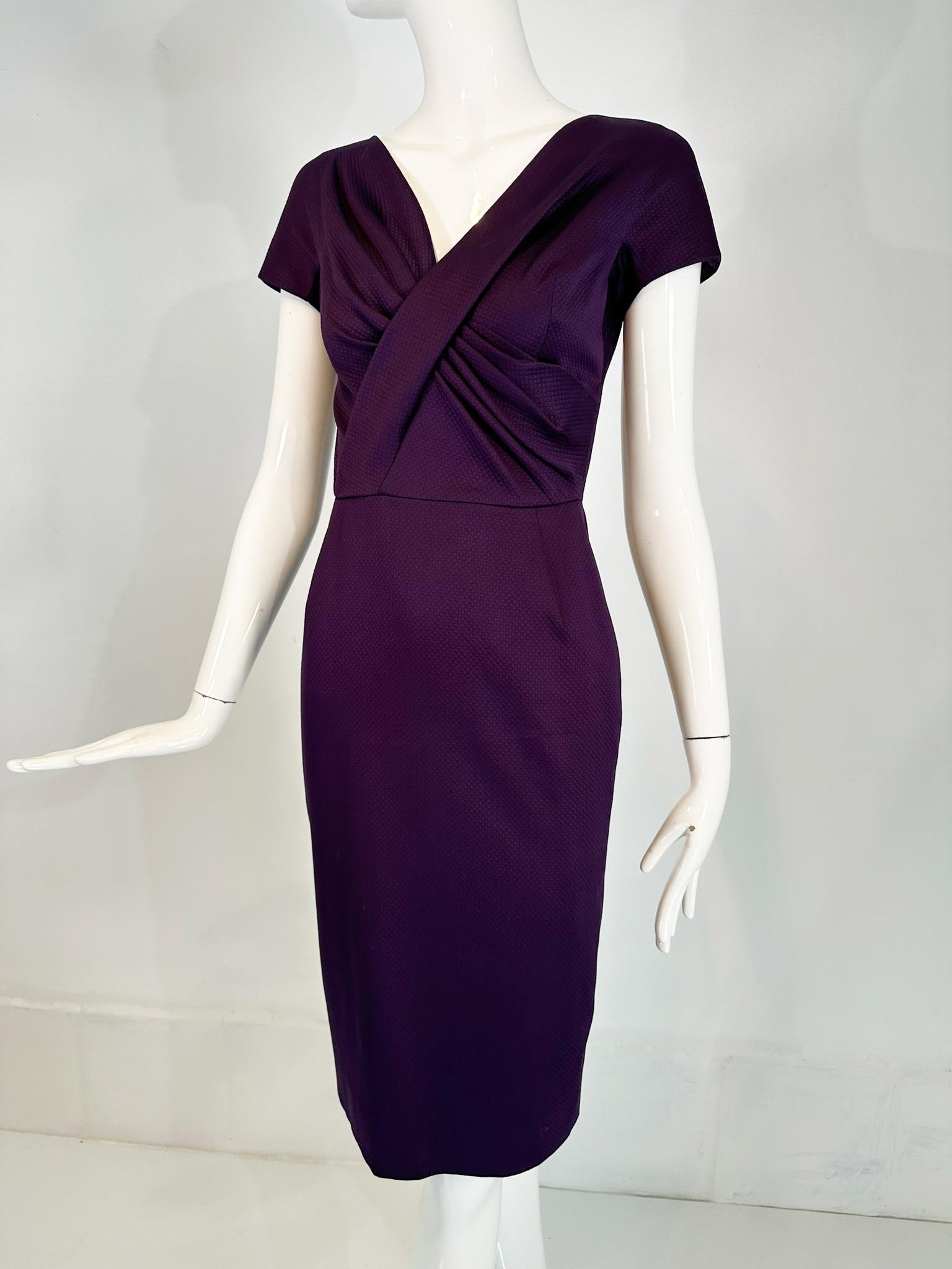 Christian Dior Paris Aubergine V neck Pleat Draped Bodice Sheath Silk Dress  In Good Condition For Sale In West Palm Beach, FL