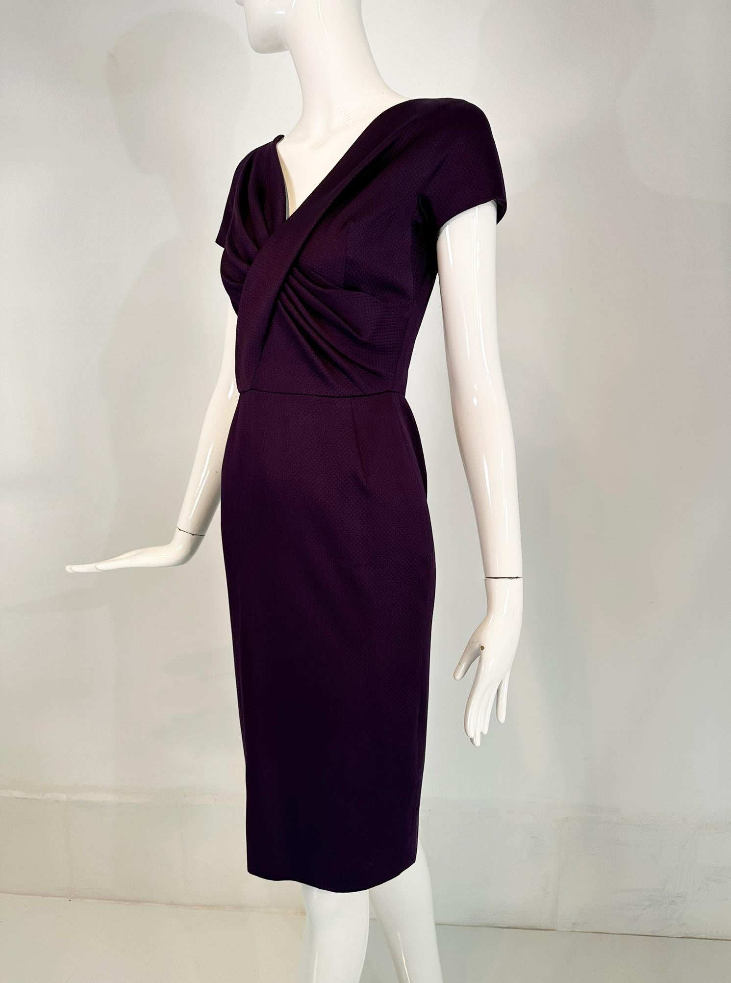 Women's Christian Dior Paris Aubergine V neck Pleat Draped Bodice Sheath Silk Dress  For Sale