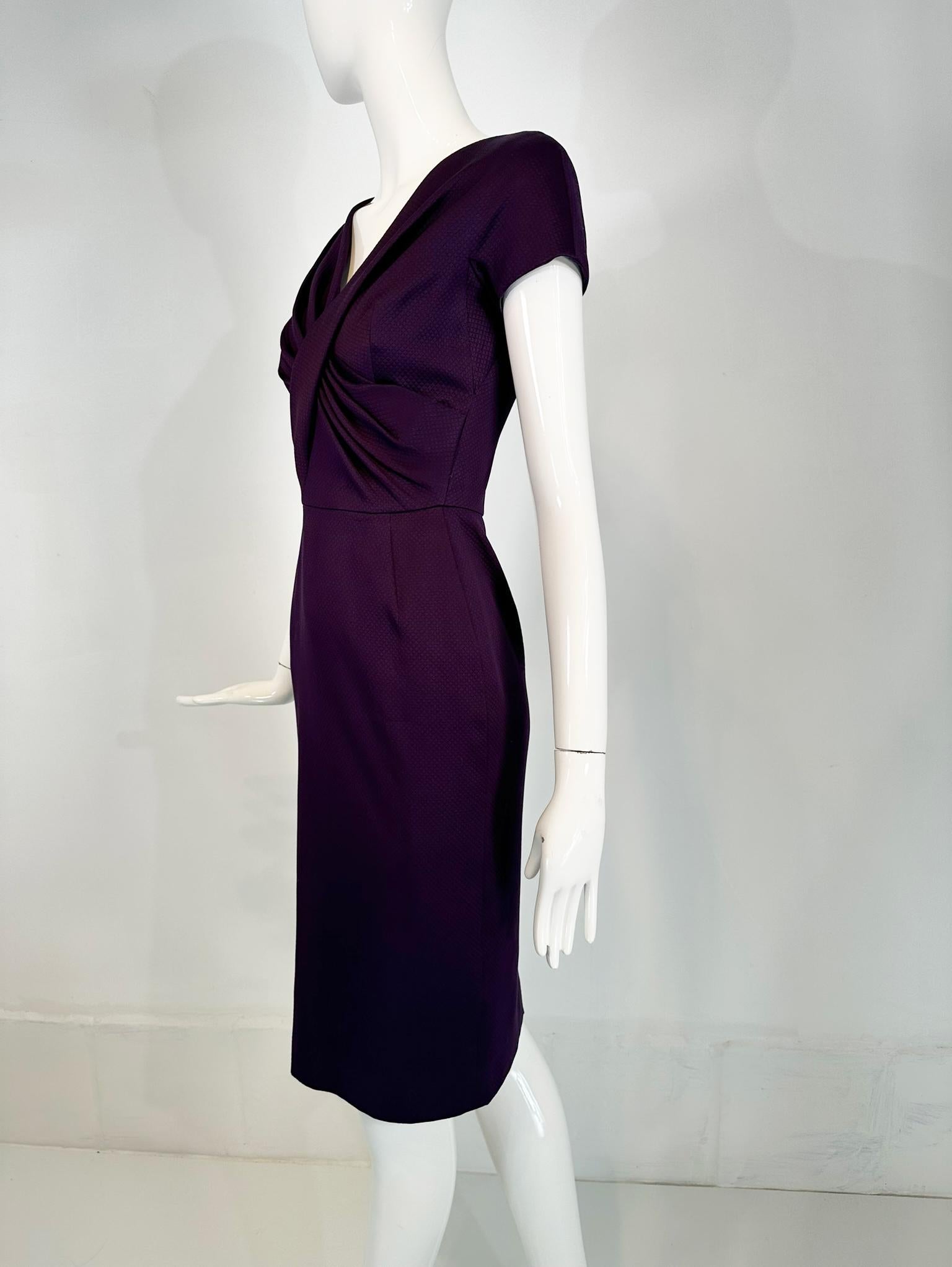 Christian Dior Paris Aubergine V neck Pleat Draped Bodice Sheath Silk Dress  For Sale 1