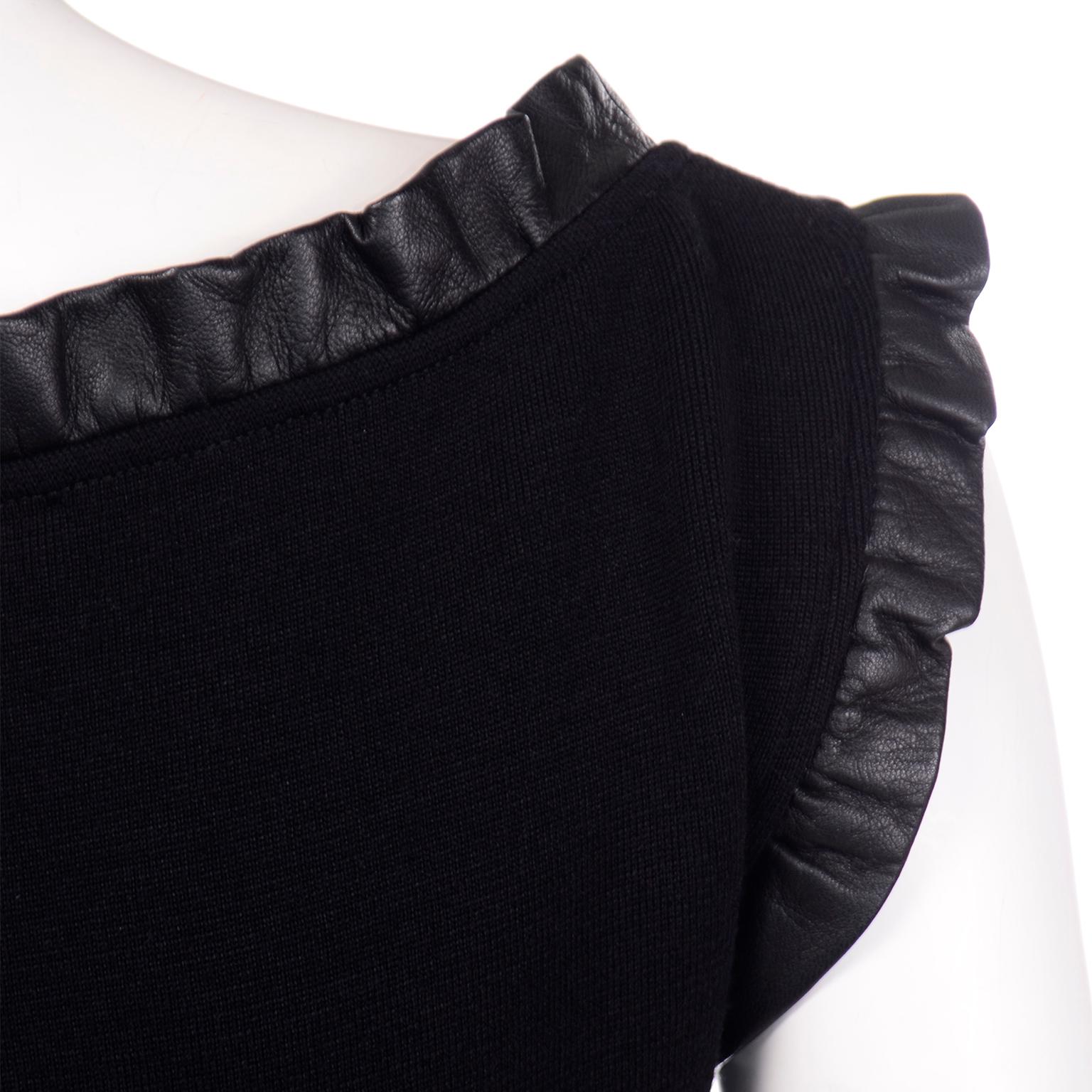 Women's Christian Dior Paris Little Black Dress in Cashmere Silk Blend w Leather Ruffle For Sale