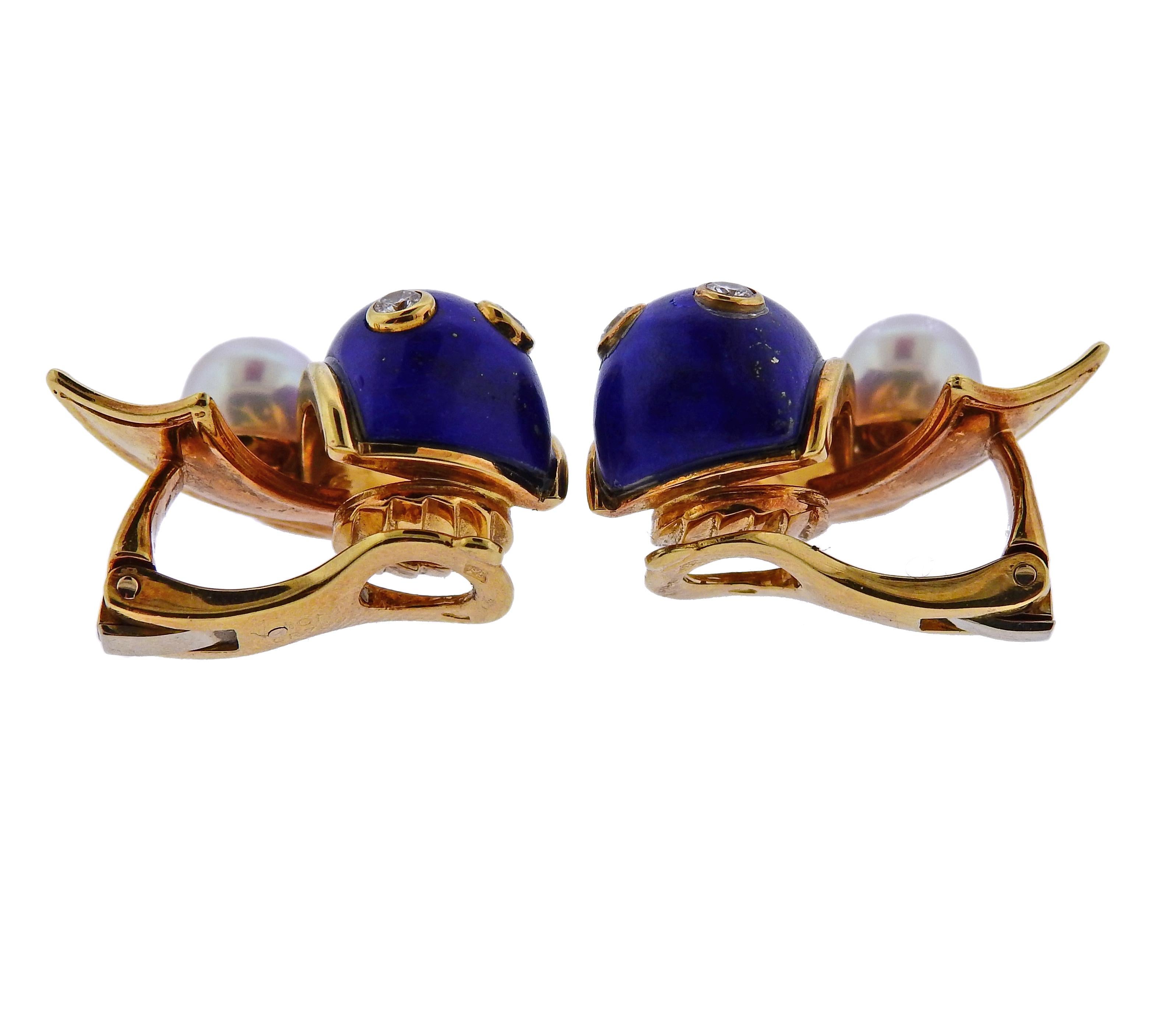 Christian Dior Paris Pearl Lapis Diamond Gold Earrings In Excellent Condition In Lambertville, NJ