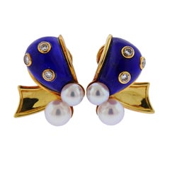 Christian Dior Paris Pearl Lapis Diamond Gold Earrings