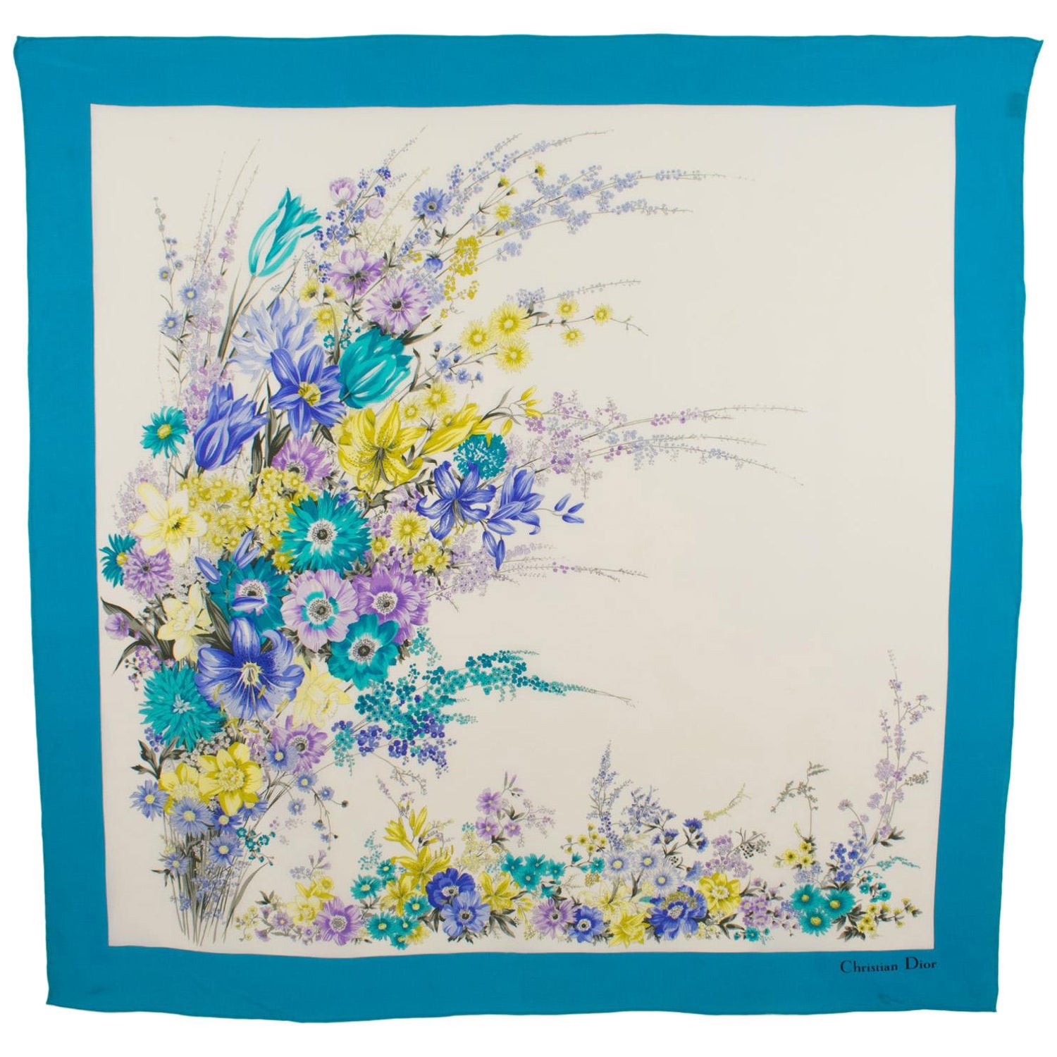 Christian Dior Paris Silk Scarf Floral Print in Blue and Lavender For Sale  at 1stDibs