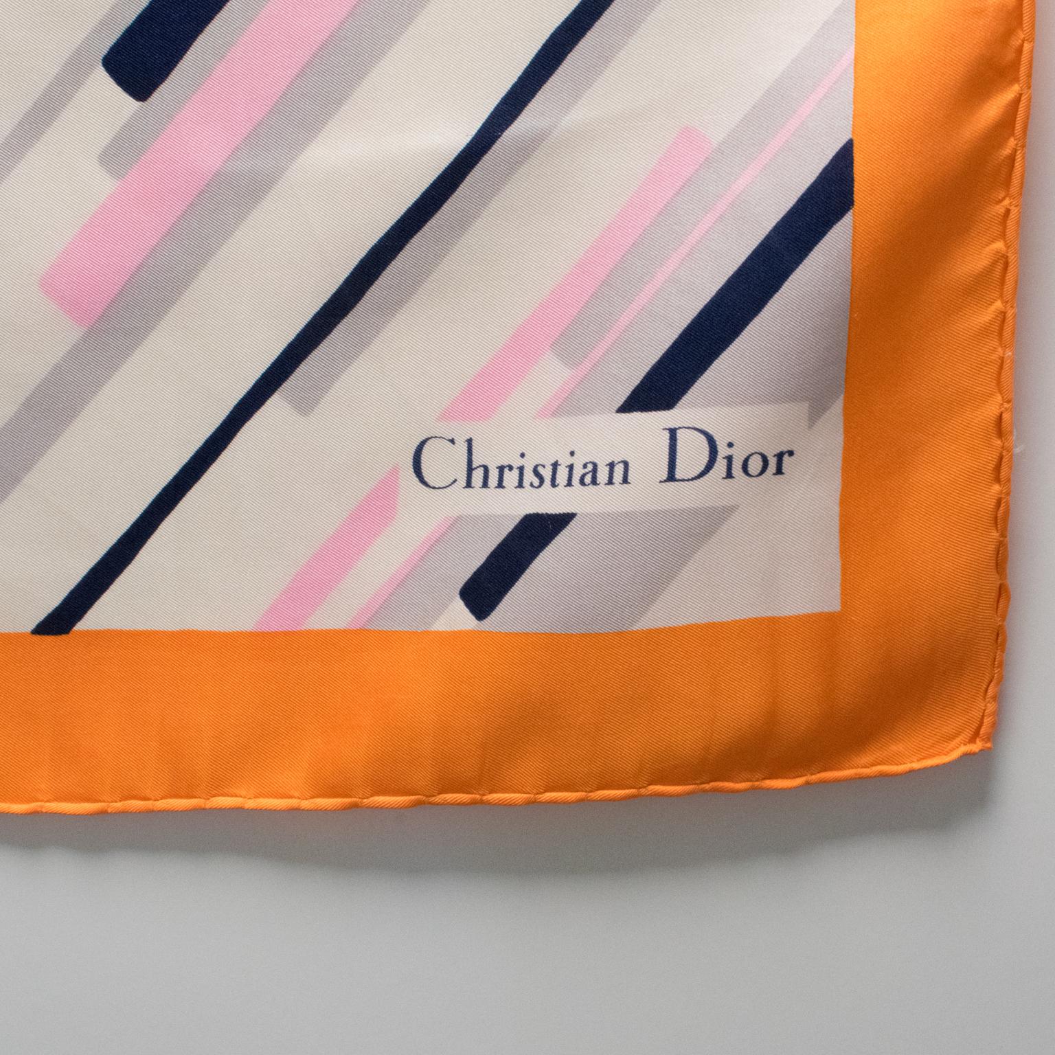 Women's or Men's Christian Dior Paris Silk Scarf Floral Print in Navy Blue and Orange For Sale