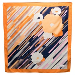Christian Dior Paris Silk Scarf Floral Print in Navy Blue and Orange