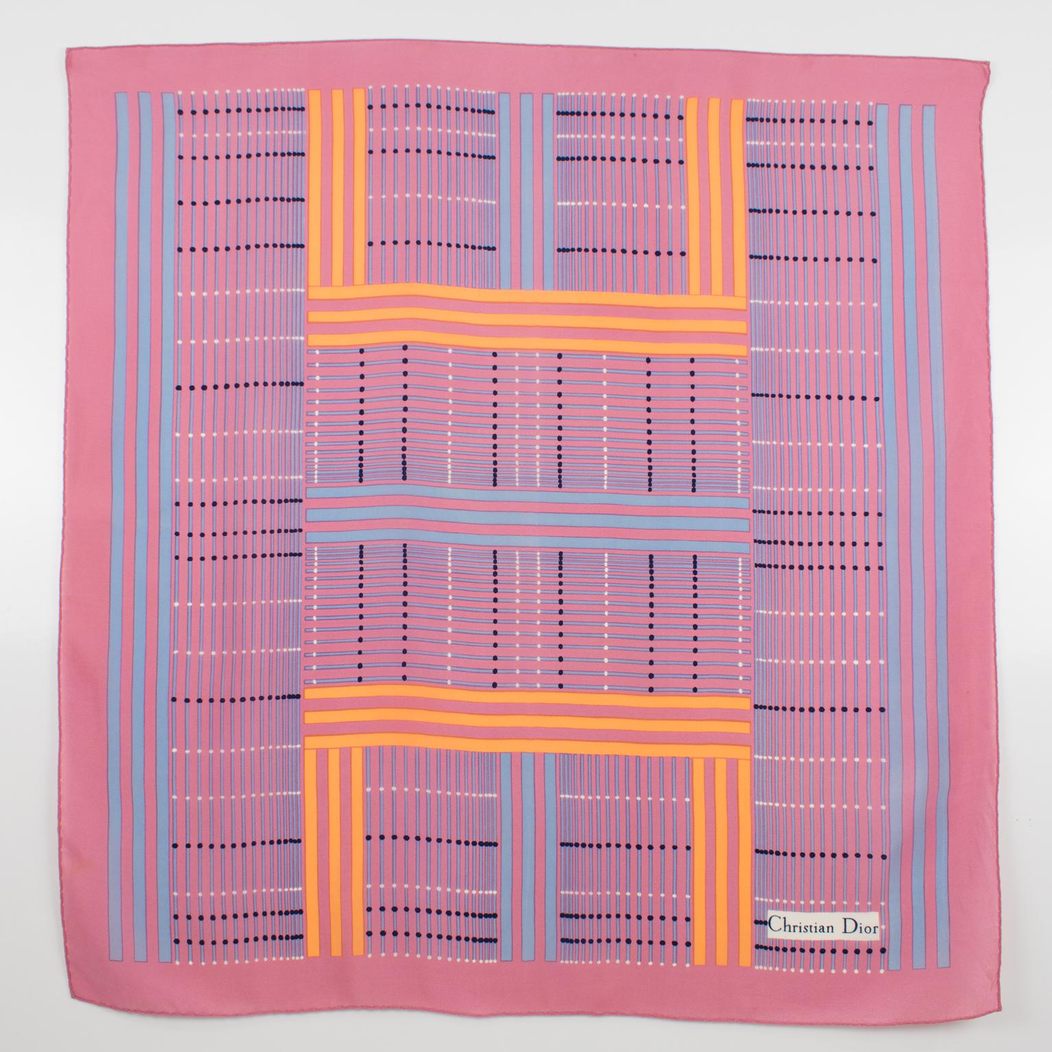 Orange Christian Dior Paris Silk Scarf Geometric Print in Pink and Apricot For Sale