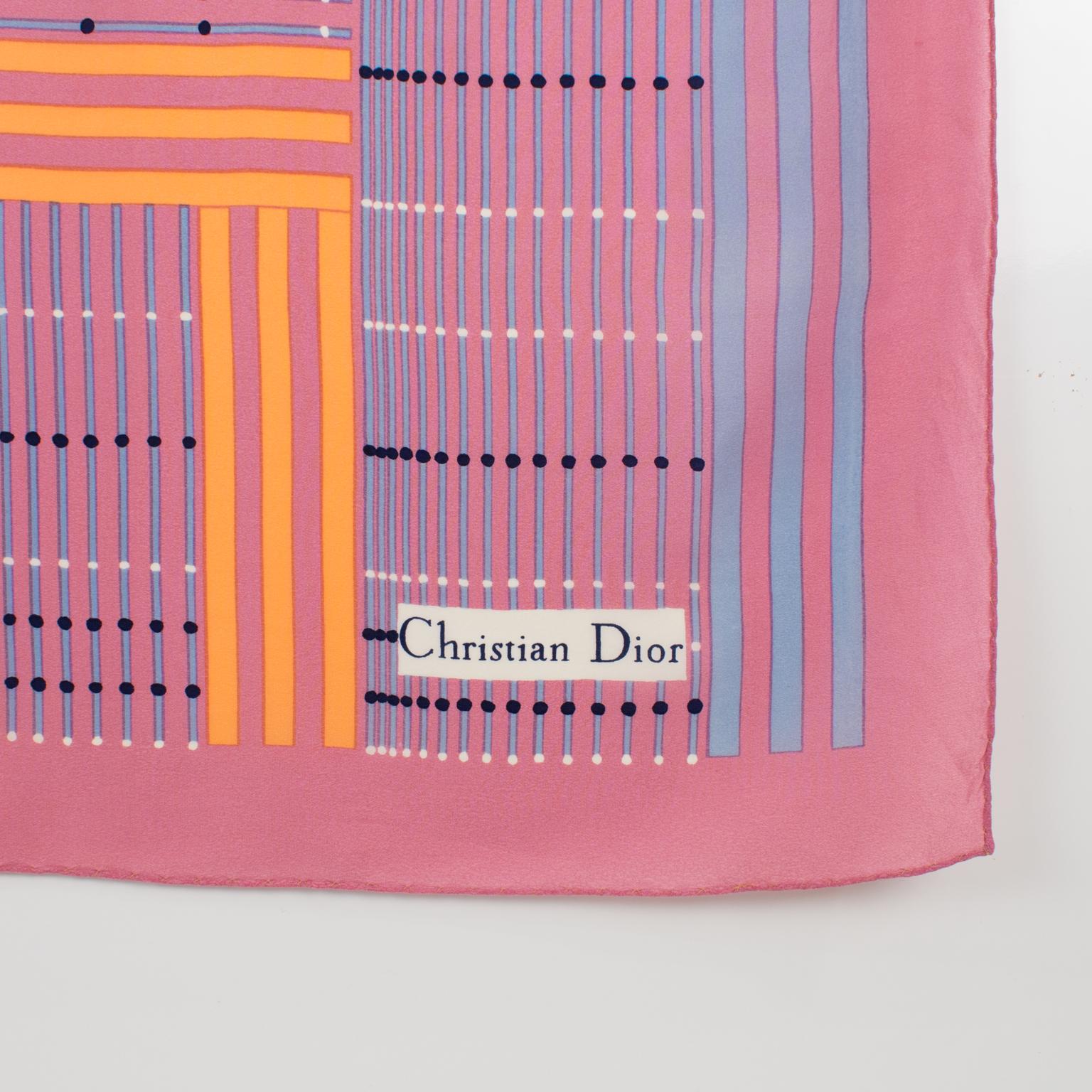 Christian Dior Paris Silk Scarf Geometric Print in Pink and Orange For Sale 1