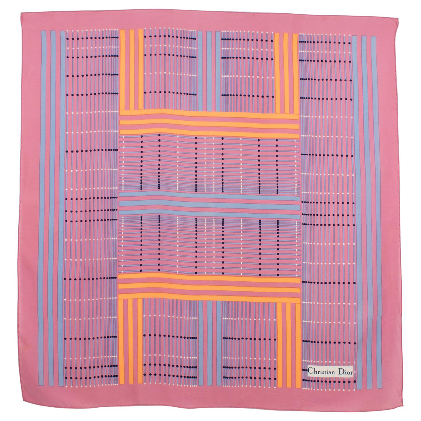 Christian Dior Paris Silk Scarf Geometric Print in Pink and Orange