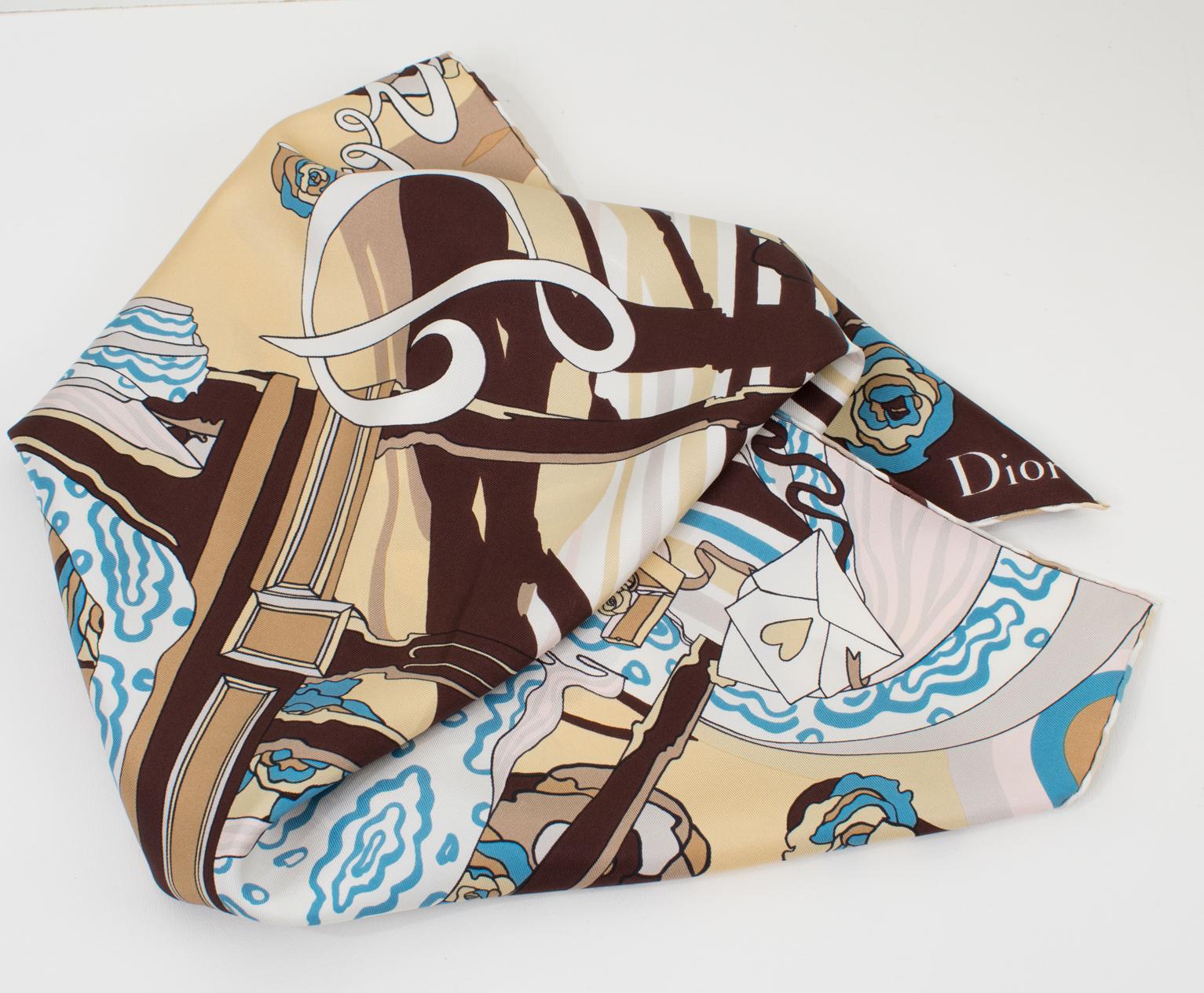 Christian Dior Paris Silk Scarf Iconic Chair in Blue and Beige In Excellent Condition For Sale In Atlanta, GA