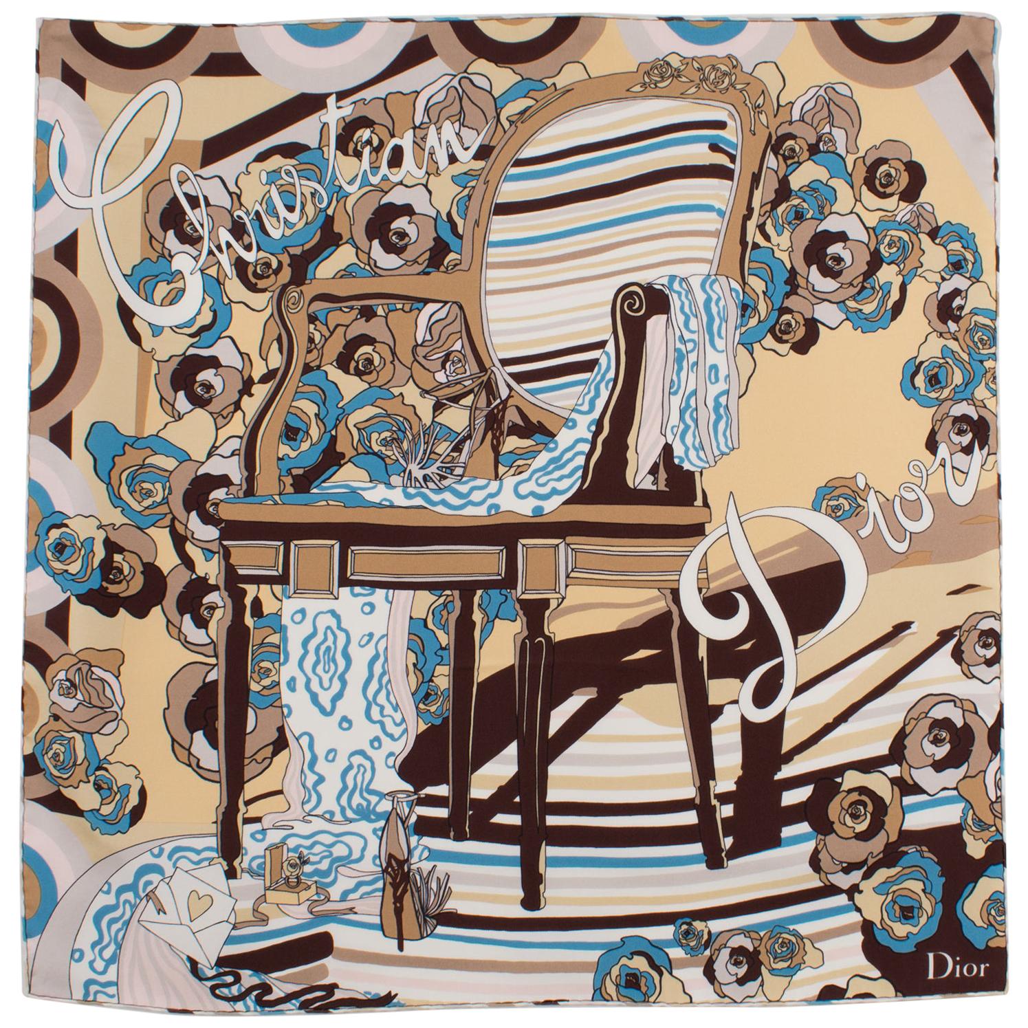 Christian Dior Paris Silk Scarf Iconic Chair in Blue and Beige