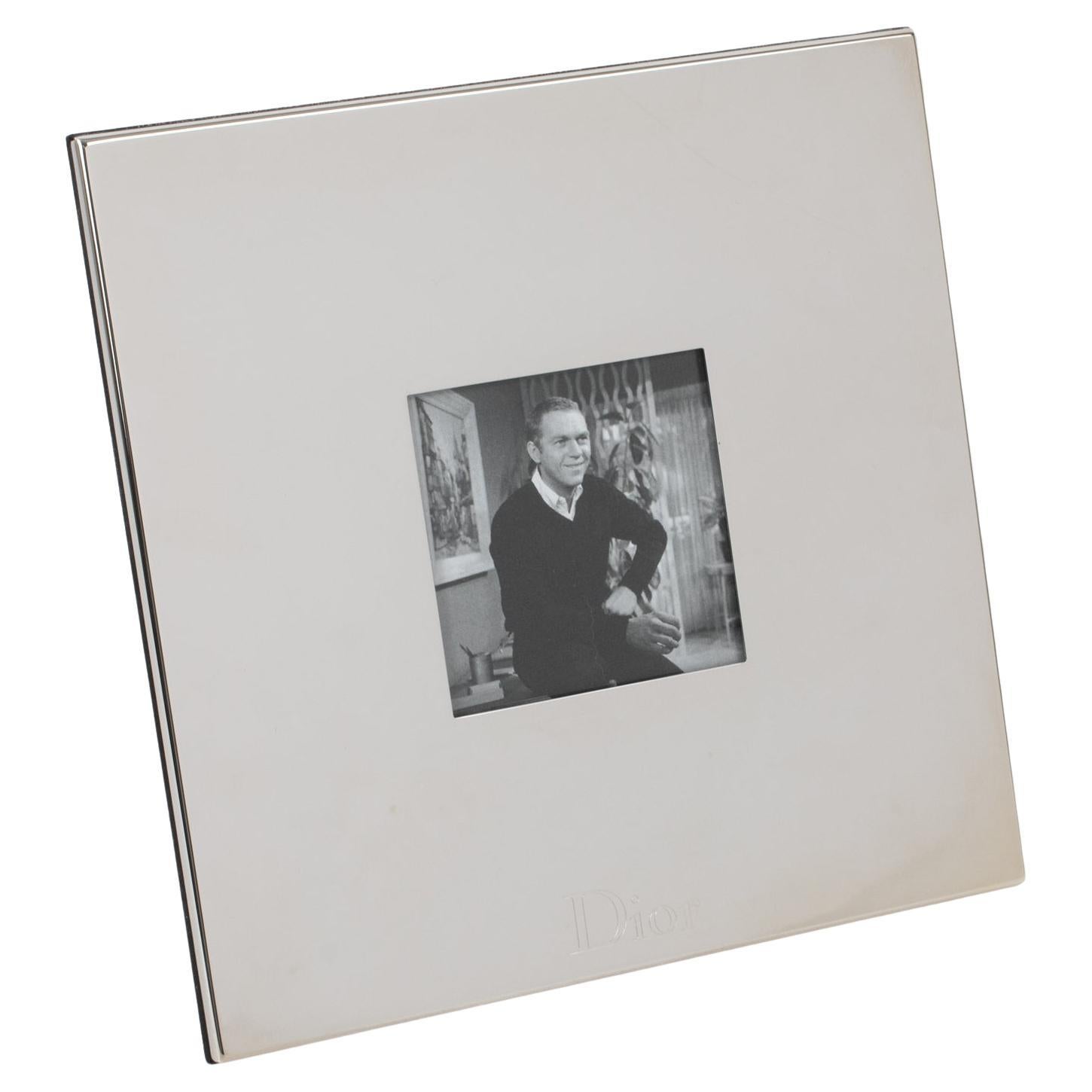 Christian Dior Paris Silver Plate Engraved Logo Picture Frame in Box For Sale
