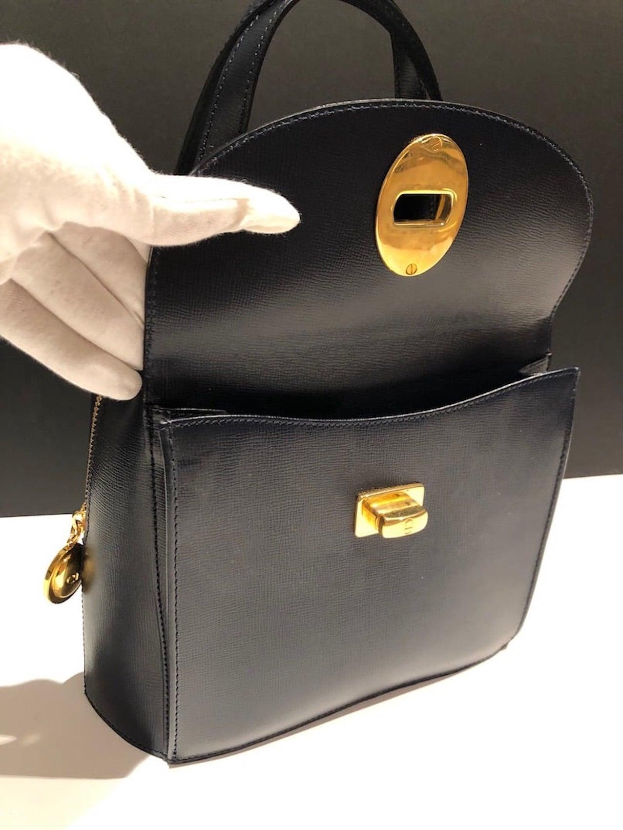 CHRISTIAN DIOR PARIS Vintage Leather Double Handles Handbag CD Logo Navy  1980 8