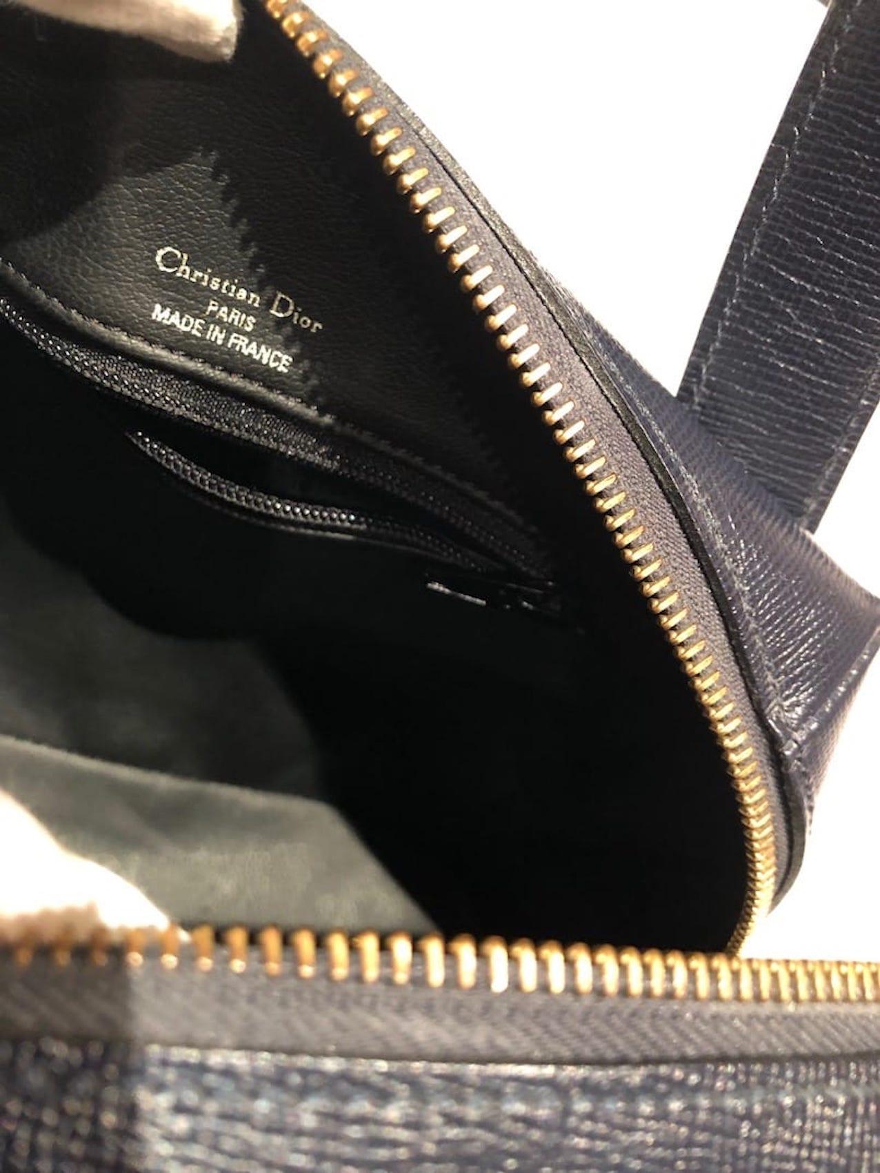 CHRISTIAN DIOR PARIS Vintage Leather Double Handles Handbag CD Logo Navy  1980 10