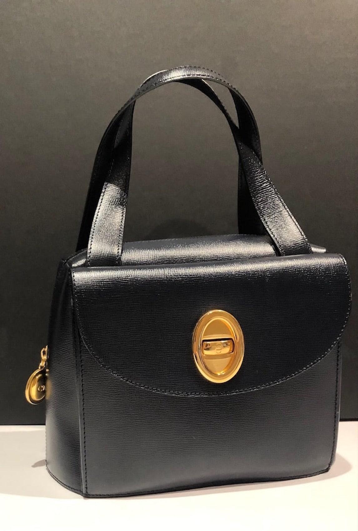 CHRISTIAN DIOR PARIS Vintage Leather Double Handles Handbag CD Logo Navy  1980 In Excellent Condition In London, GB