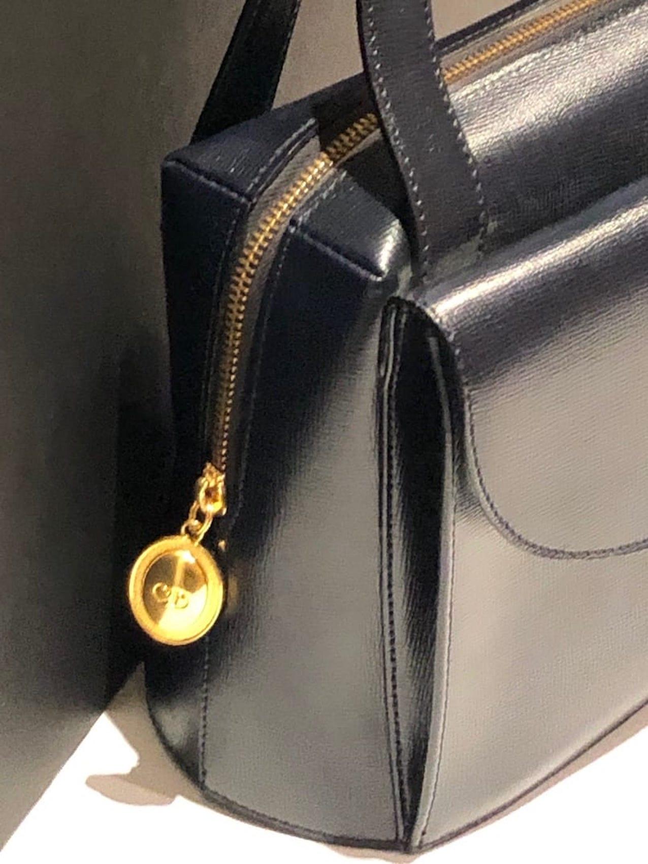 Women's CHRISTIAN DIOR PARIS Vintage Leather Double Handles Handbag CD Logo Navy  1980