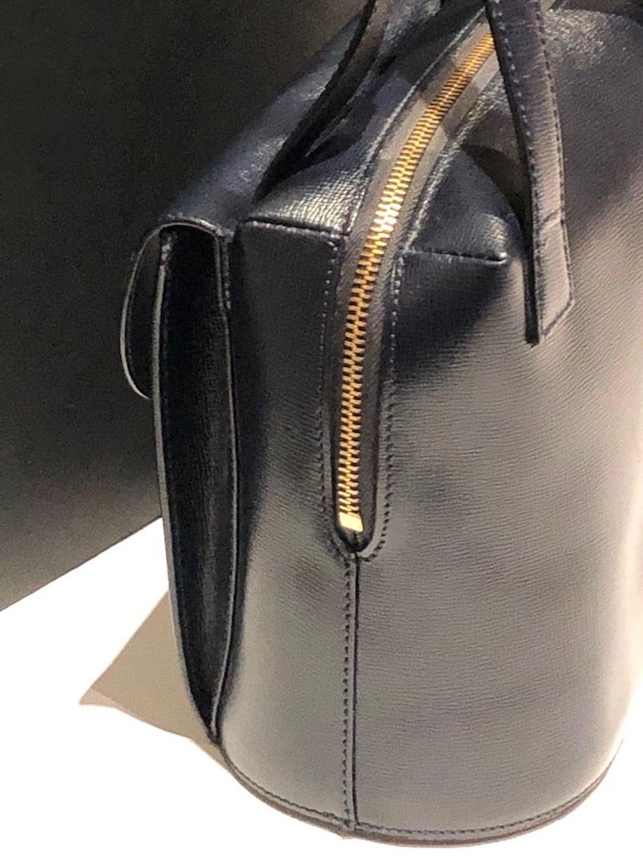 CHRISTIAN DIOR PARIS Vintage Leather Double Handles Handbag CD Logo Navy  1980 1