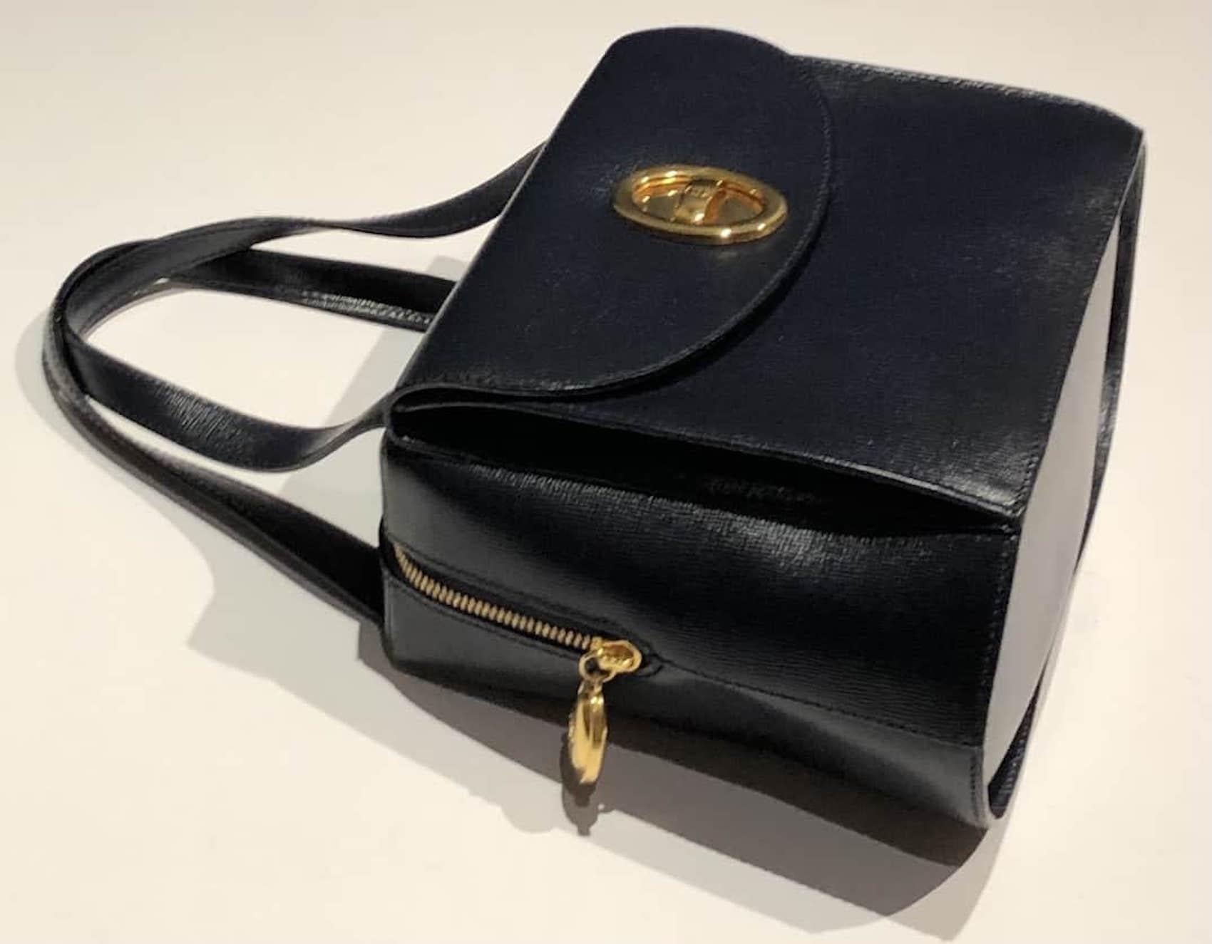 CHRISTIAN DIOR PARIS Vintage Leather Double Handles Handbag CD Logo Navy  1980 3