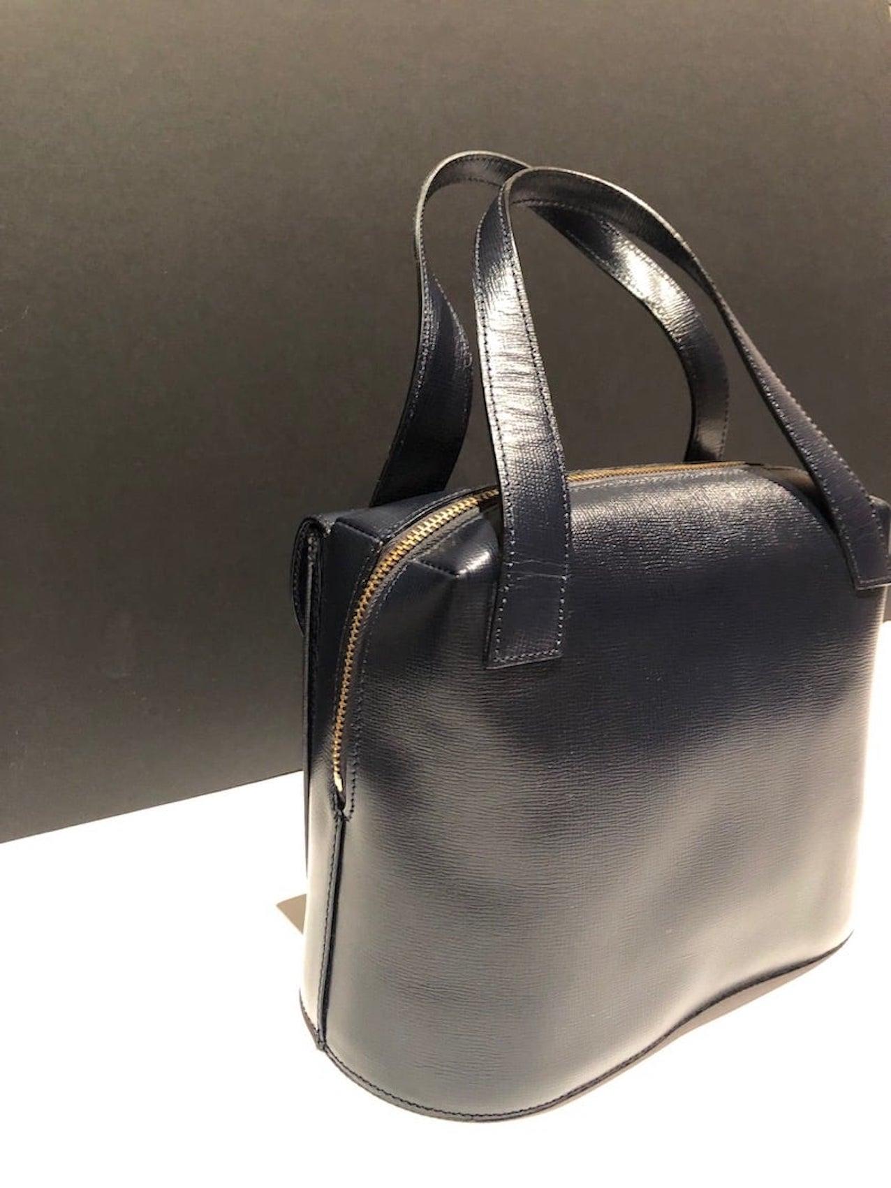 CHRISTIAN DIOR PARIS Vintage Leather Double Handles Handbag CD Logo Navy  1980 4