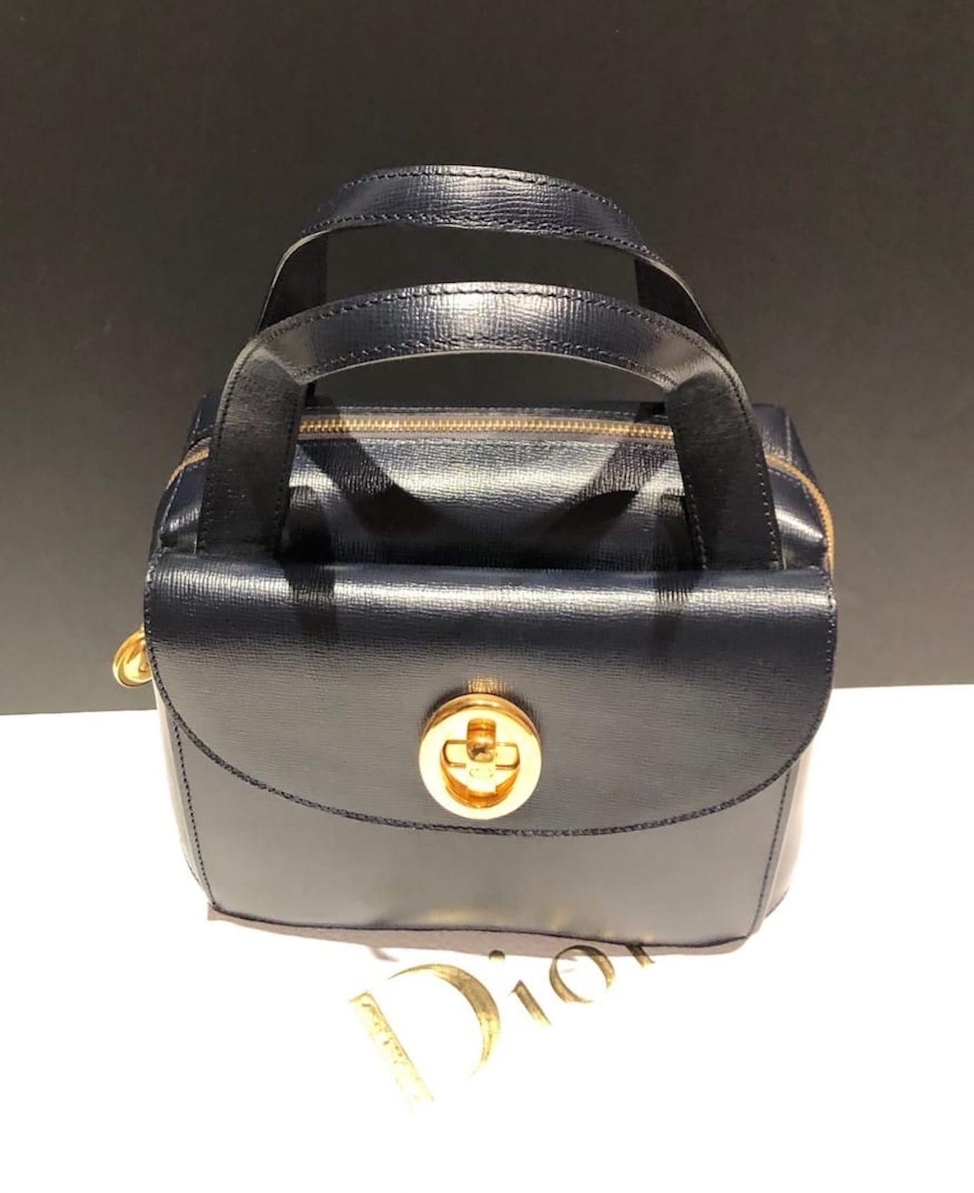 CHRISTIAN DIOR PARIS Vintage Leather Double Handles Handbag CD Logo Navy  1980 5
