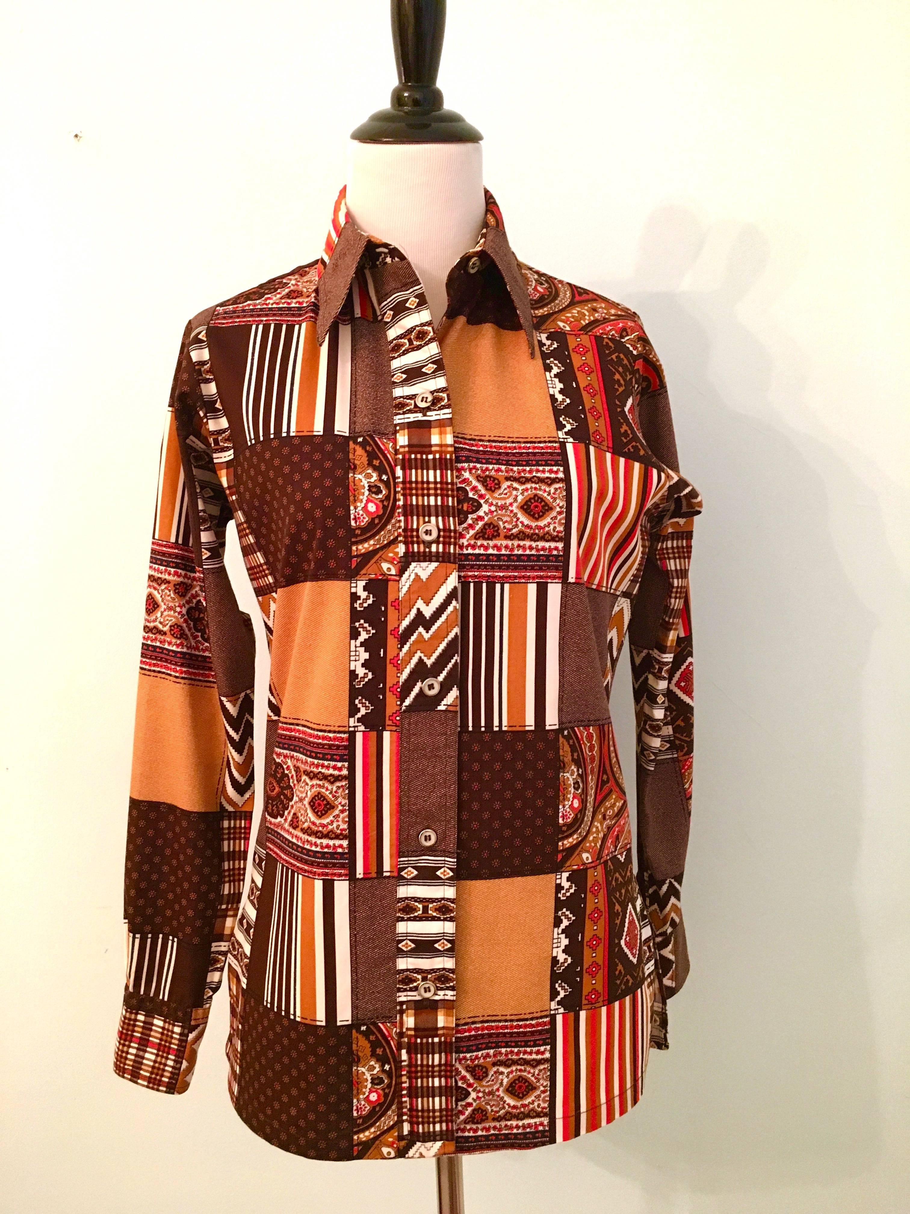 Brown Christian Dior Patchwork Blouse 1970s I. Magnin & Co. For Sale
