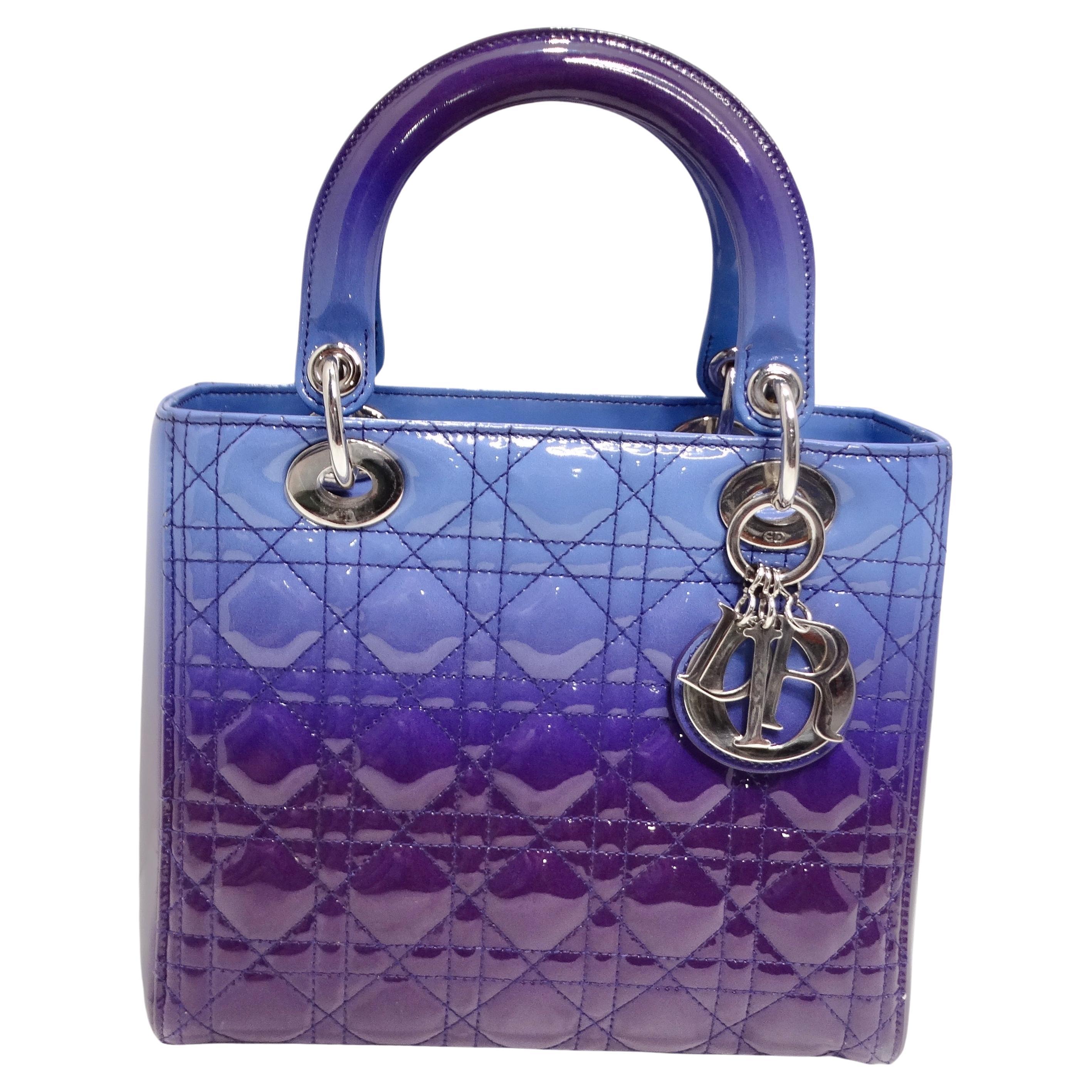 Christian Dior Patent Cannage Gradient Medium Lady Dior Purple Blue In Excellent Condition For Sale In Scottsdale, AZ