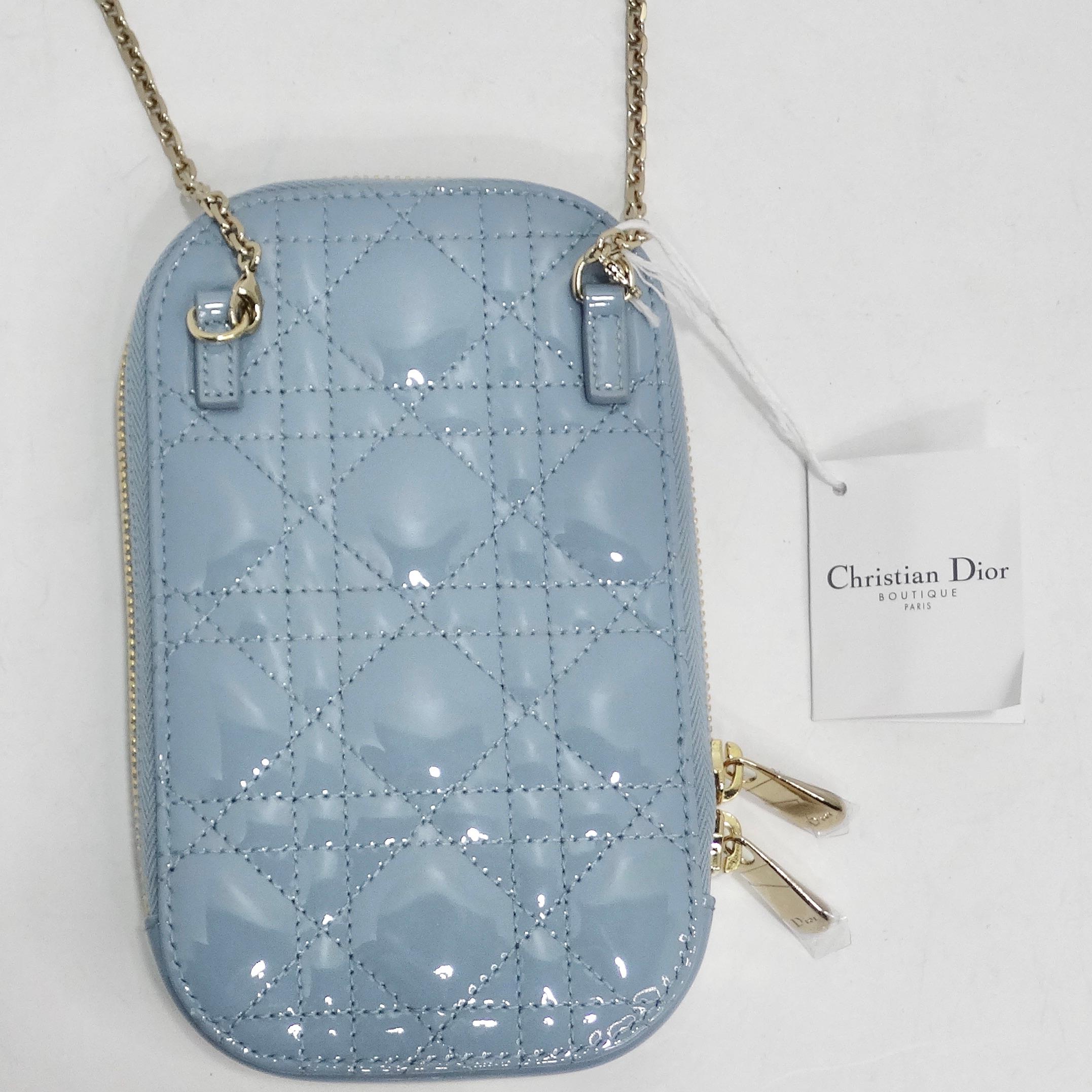 Gray Christian Dior Patent Cannage Lady Dior Phone Holder in Bracing Blue For Sale