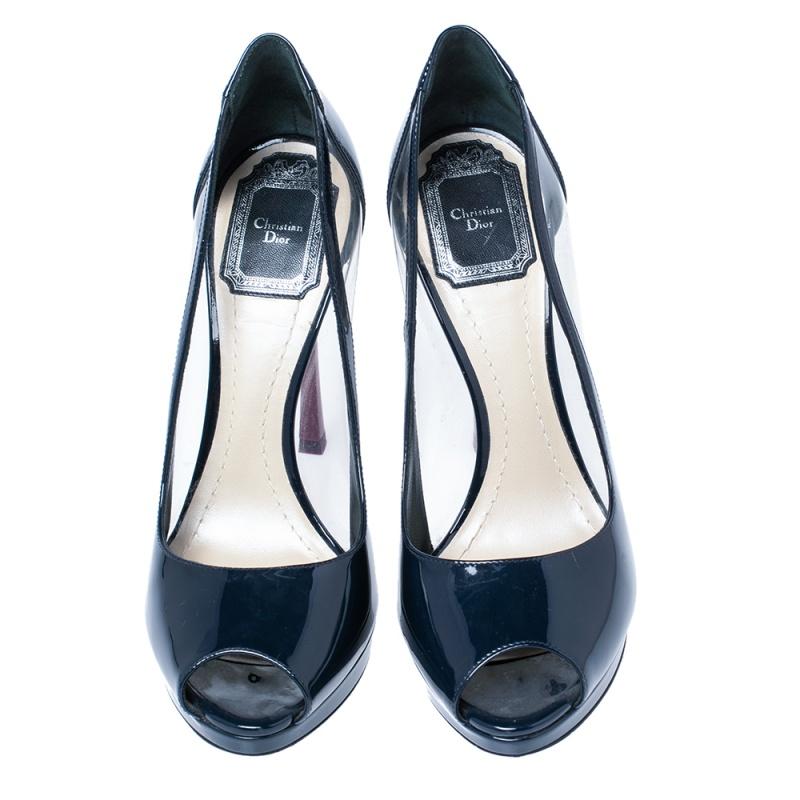 Black Christian Dior  Patent Leather And PVC Diorella Peep Toe Pumps Size 37.5