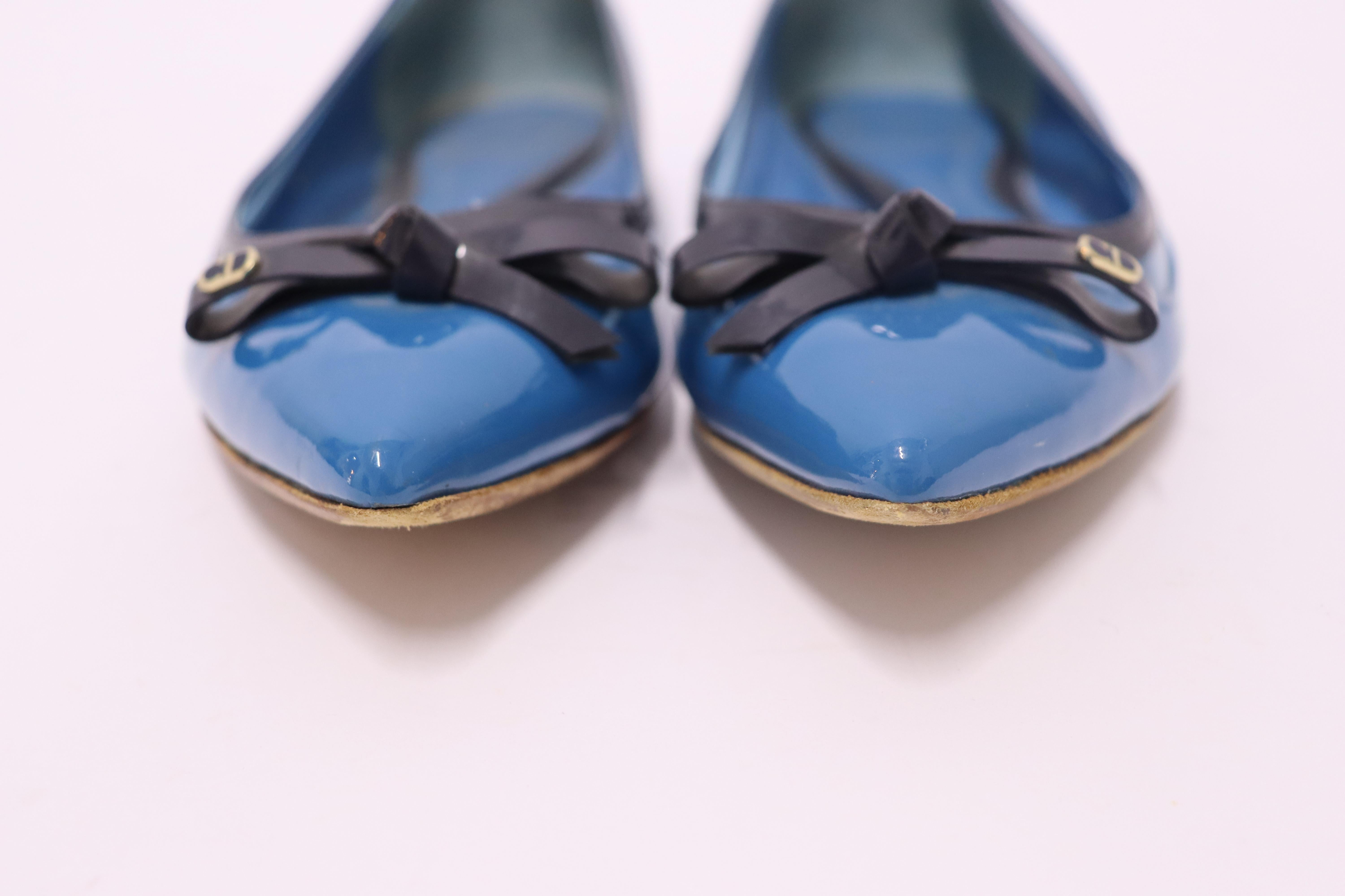 Christian Dior Patent Leather Blue Pointed Toe Flat Pumps Size EU 38 For Sale 8