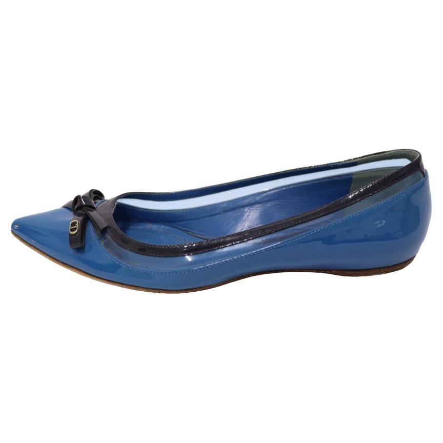 Christian Dior Patent Leather Blue Pointed Toe Flat Pumps Size EU 38 For Sale