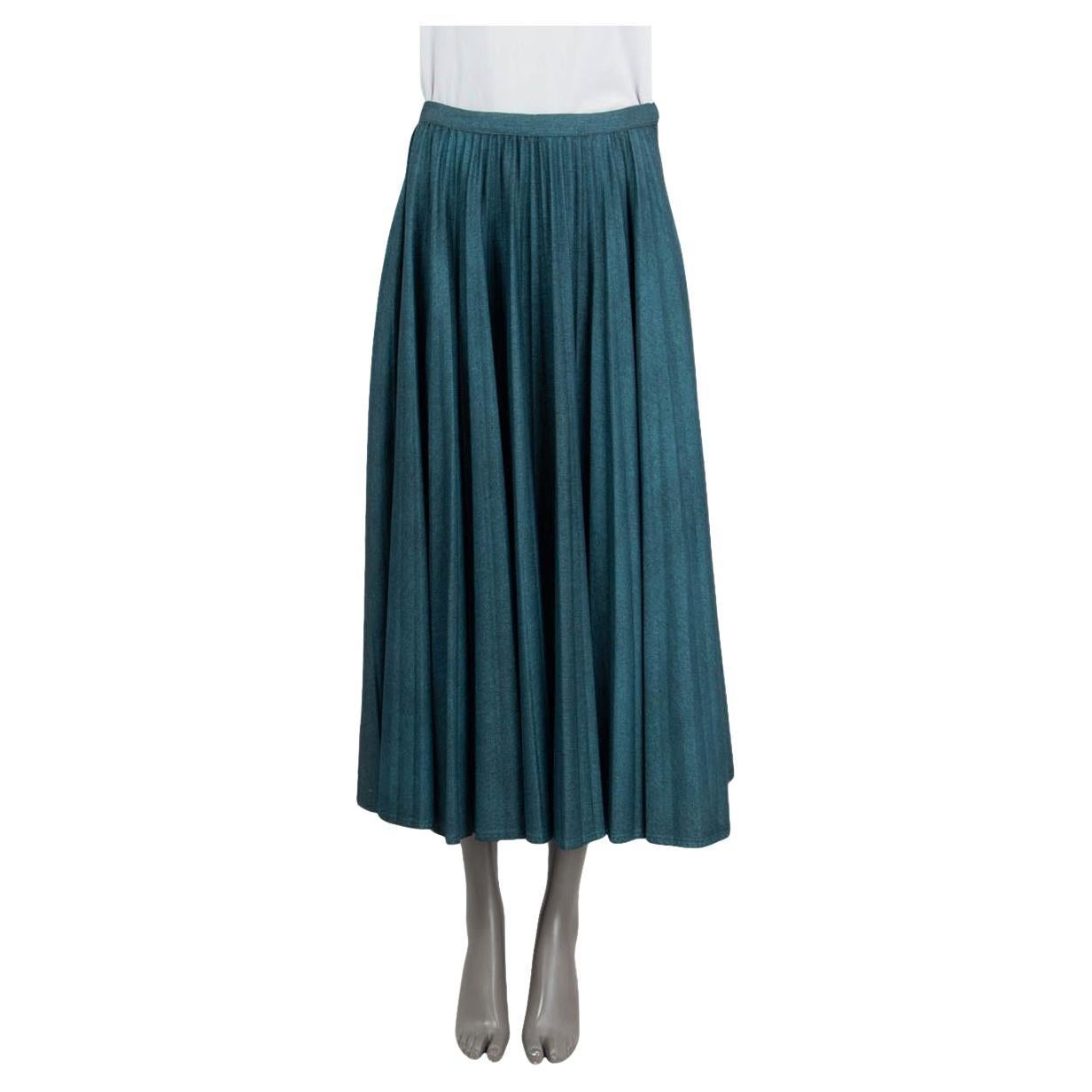 CHRISTIAN DIOR petrol blue cotton 2021 GLITTER PLEATED DENIM MIDI Skirt 36 XS For Sale