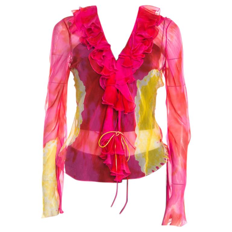 Christian Dior Pink and Yellow Printed Sheer Silk Wrap Top M