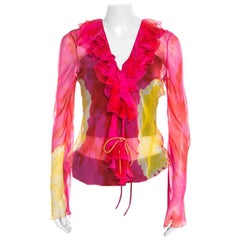 Christian Dior Pink and Yellow Printed Sheer Silk Wrap Top M